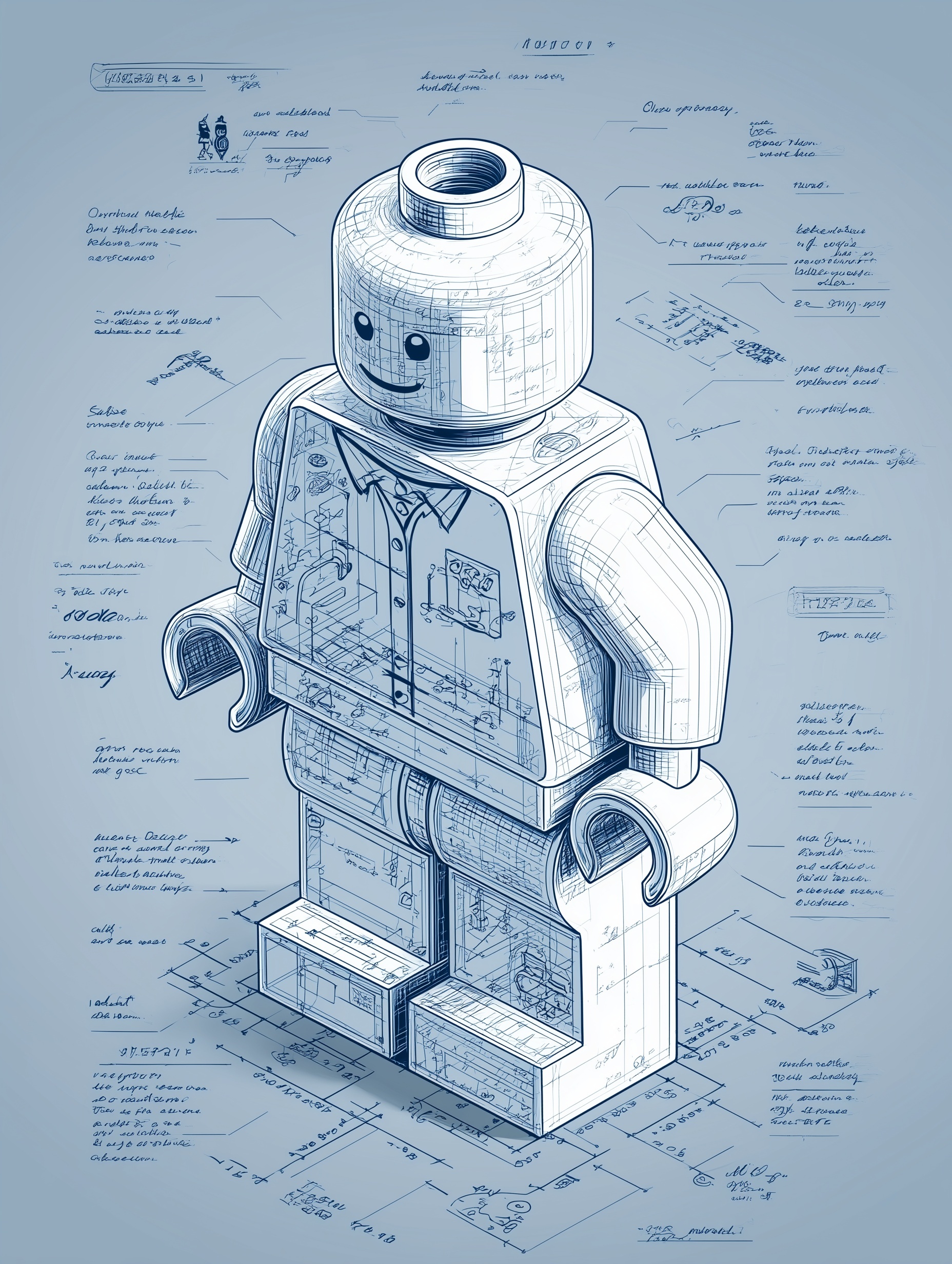 Isometric LEGO Minifigure Technical Blueprint Art