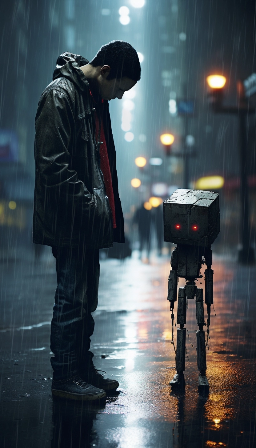 Hyper Realistic Concept Art: Sad Robot in Rain by Rossier, Gammell, Douglas, and Bassman