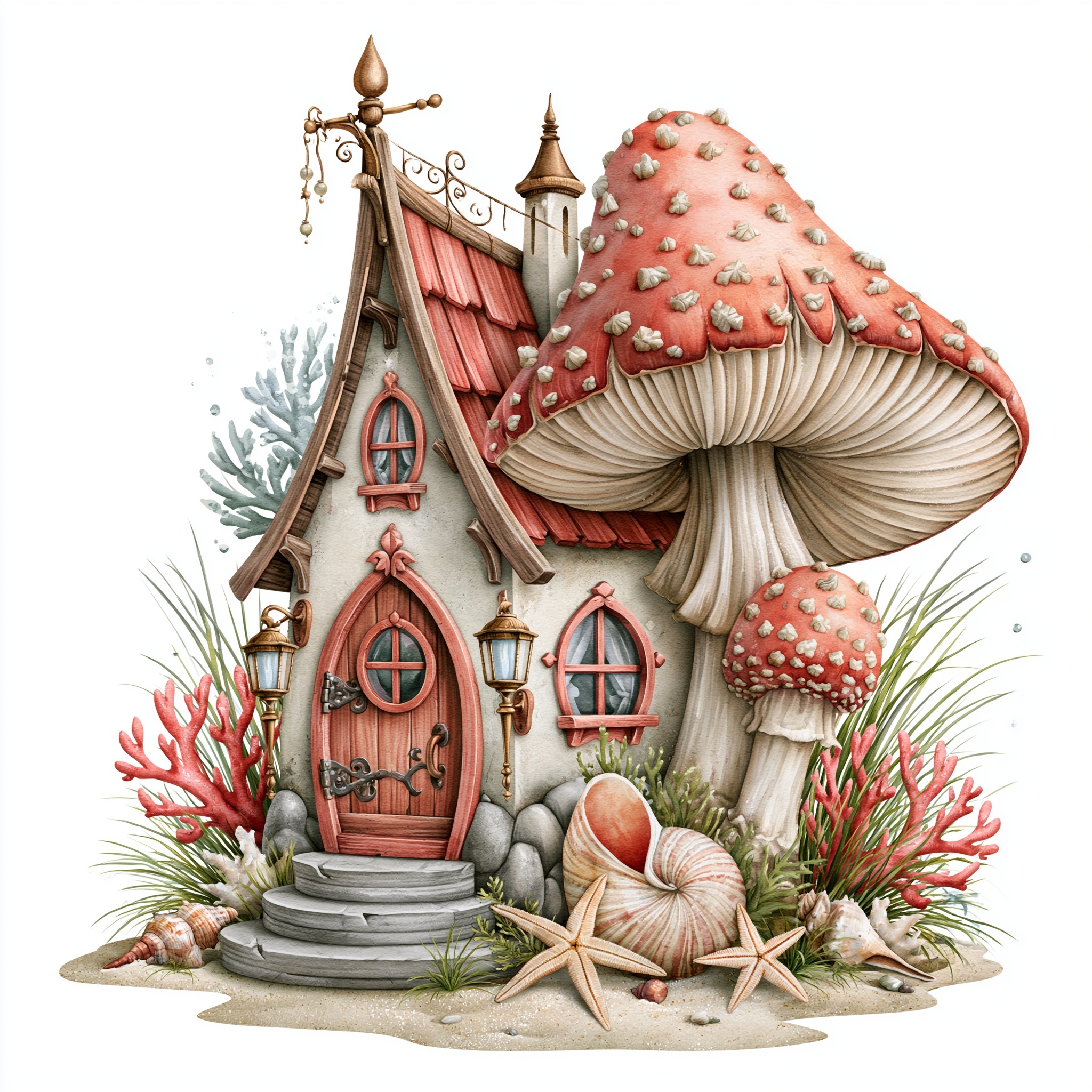 Whimsical Mushroom Beach Cottage Clipart
