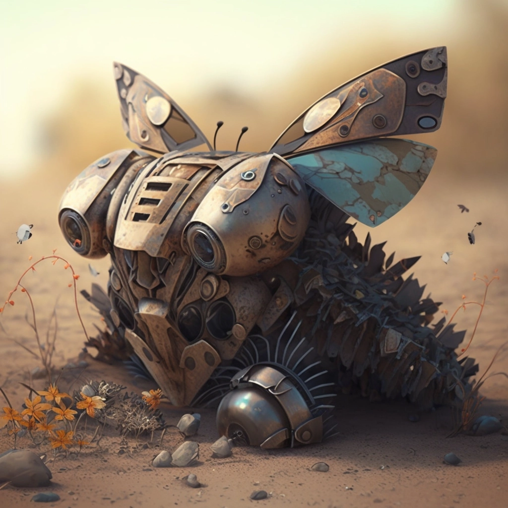 Nature Reclaims: Fallen Robot with Mushrooms & Butterflies