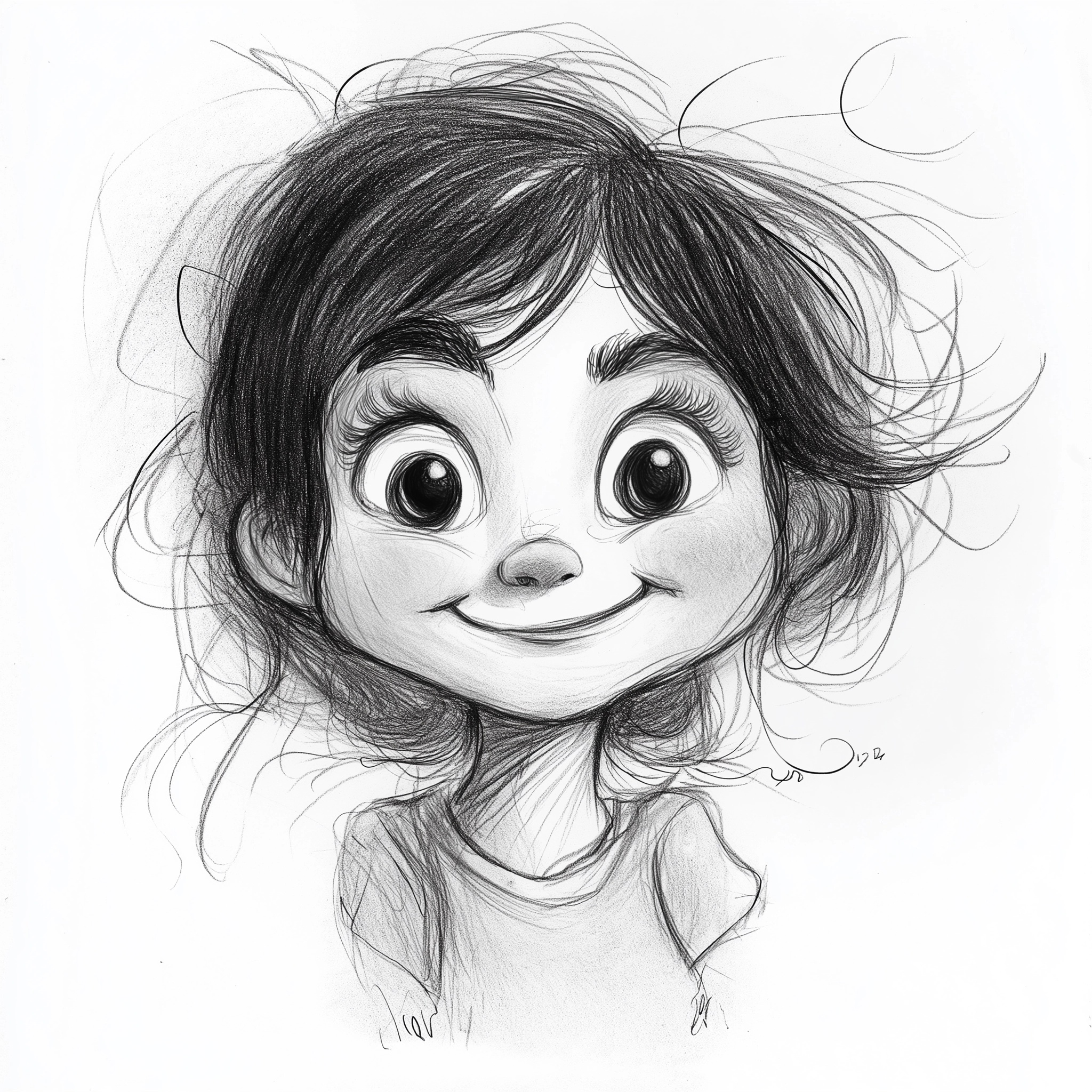 Charming Black & White Cartoon Sketch of a Girl