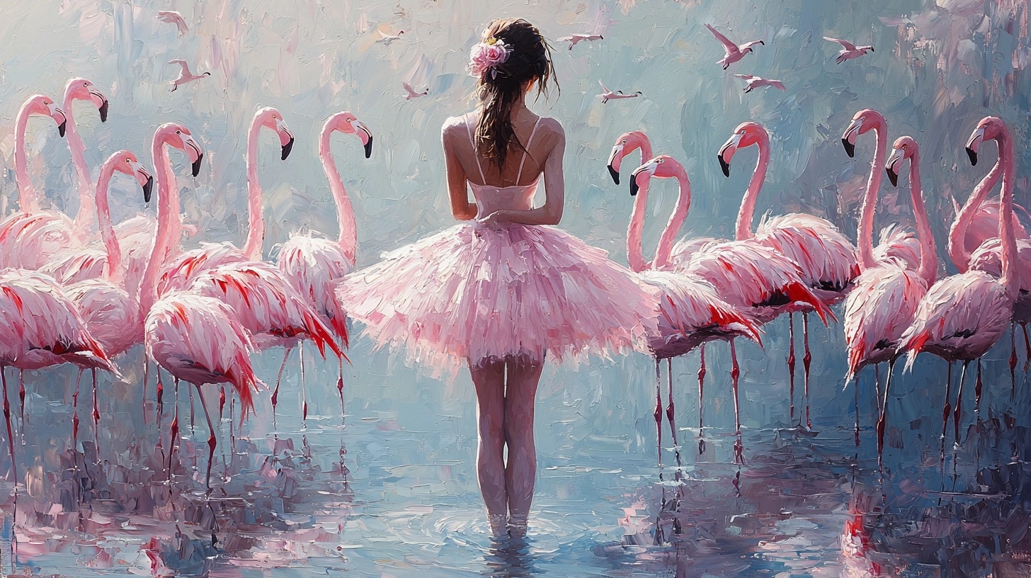 “Ballerina in Arabesque Amidst Flamingos”