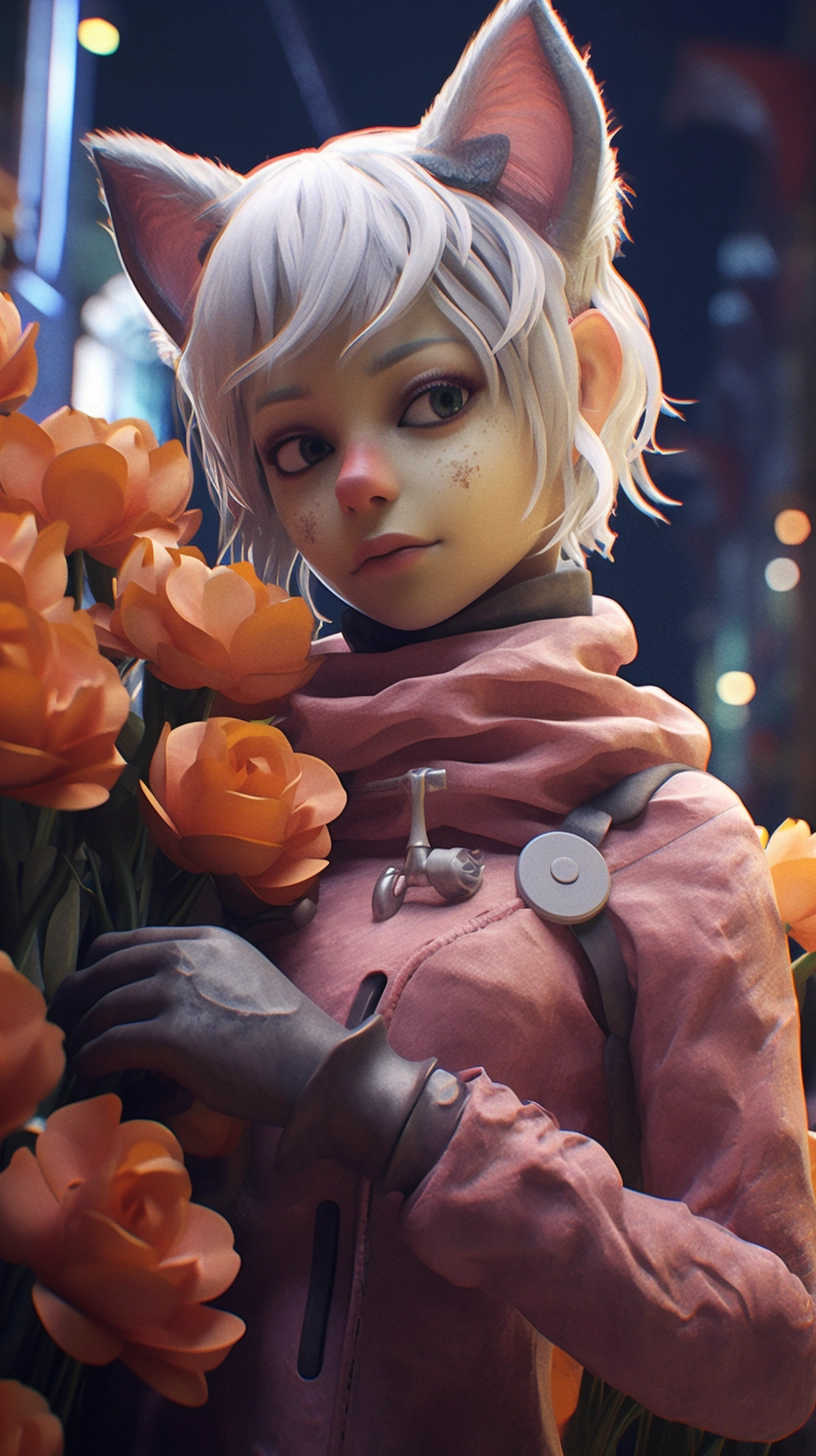 Charming Catgirl with Flowers in Zbrush Style