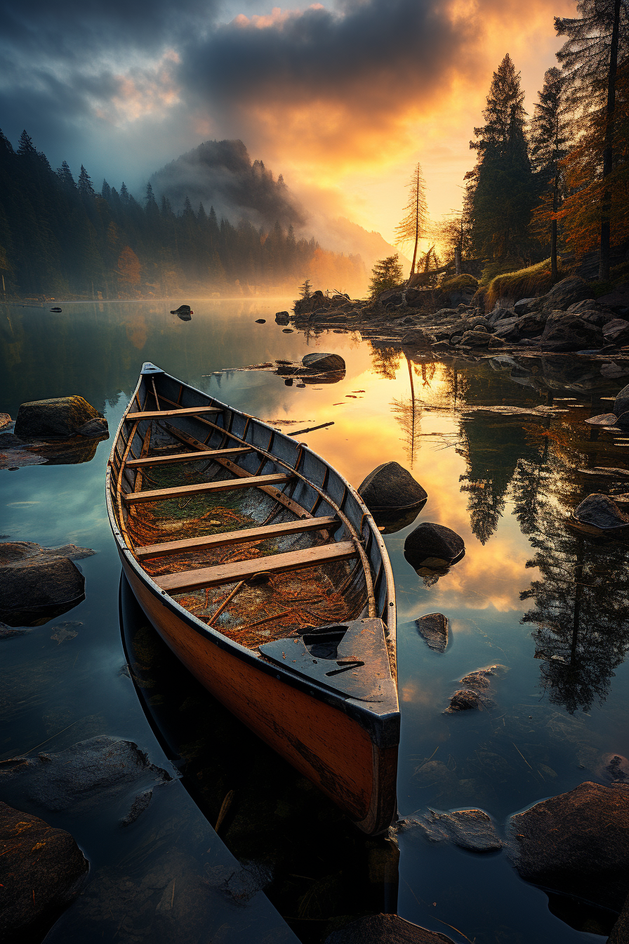 Stunning Misty Lake Canoes: Realistic Backdrops & Clear Colors