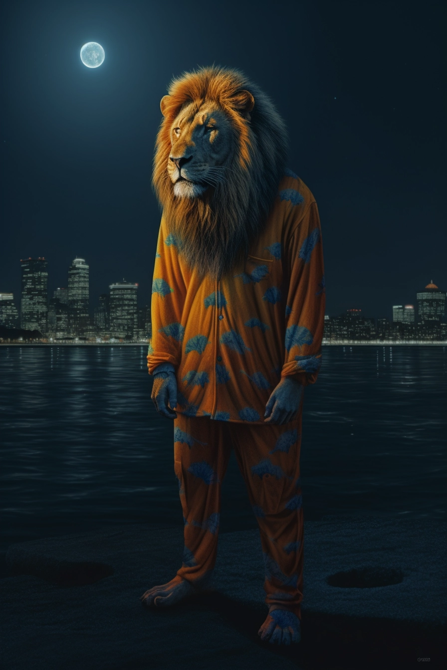 Surrealistic Animal Art: Lion in Beach Suit at Night