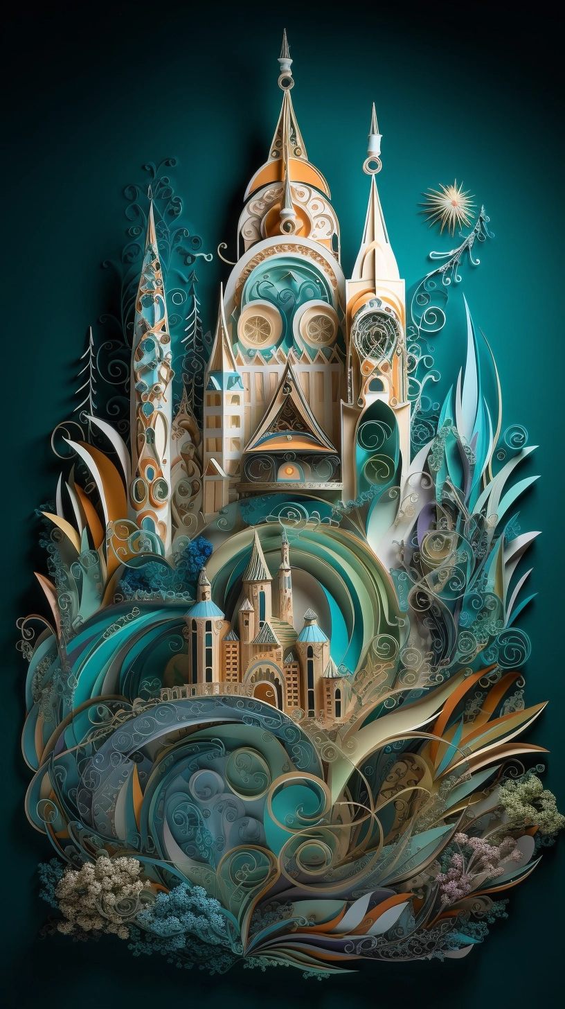 Colorful Quilled Castle Art: Organic Forms & Magical Creatures