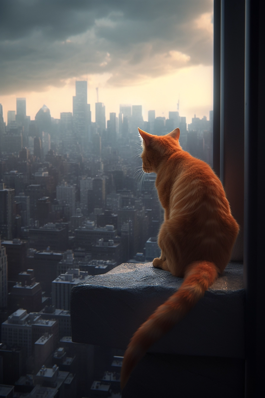 City Watcher: Dynamic Anime Cat on Ledge