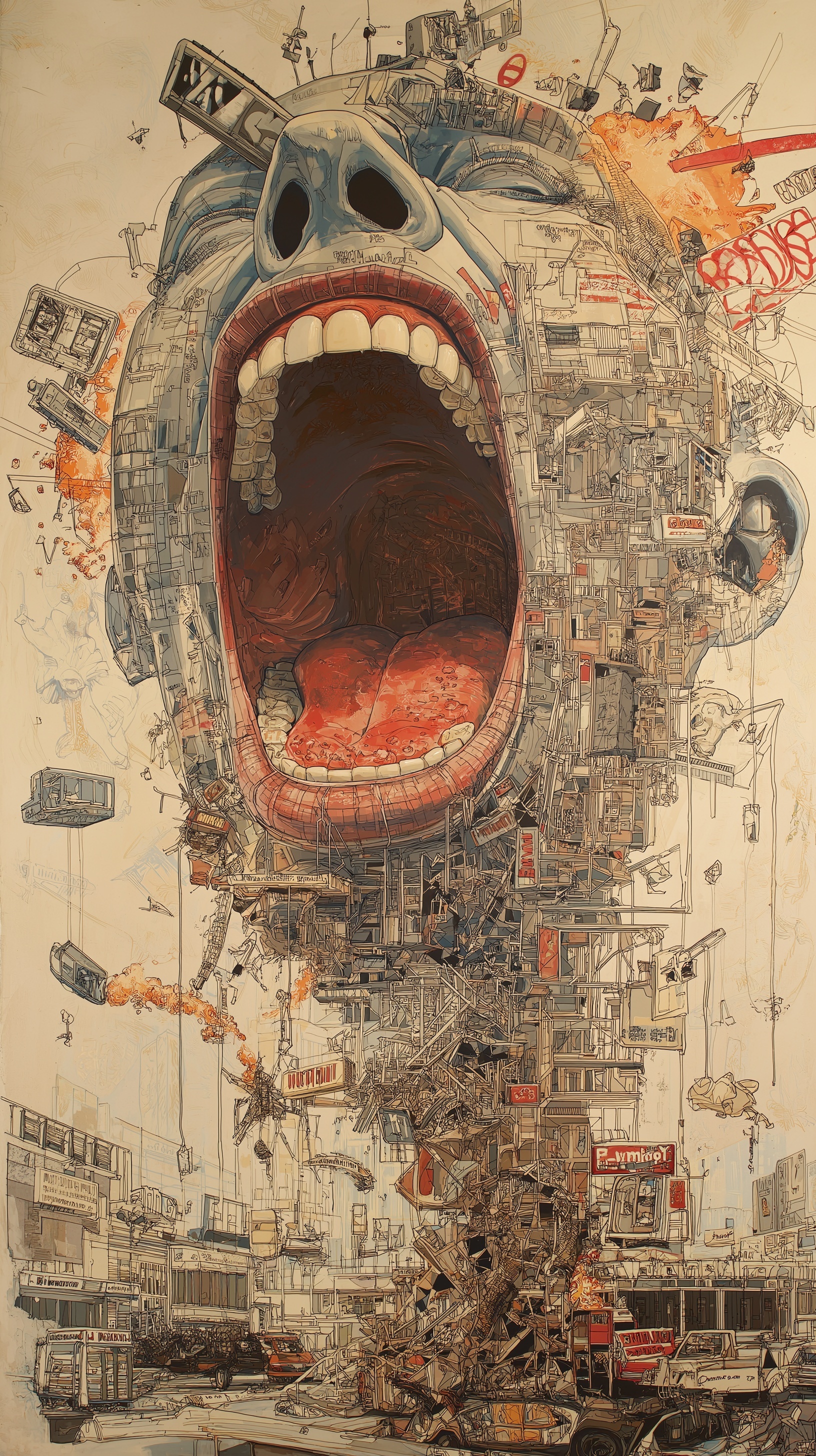 Explosive Surreal Chaos: A Colossal Head Erupts