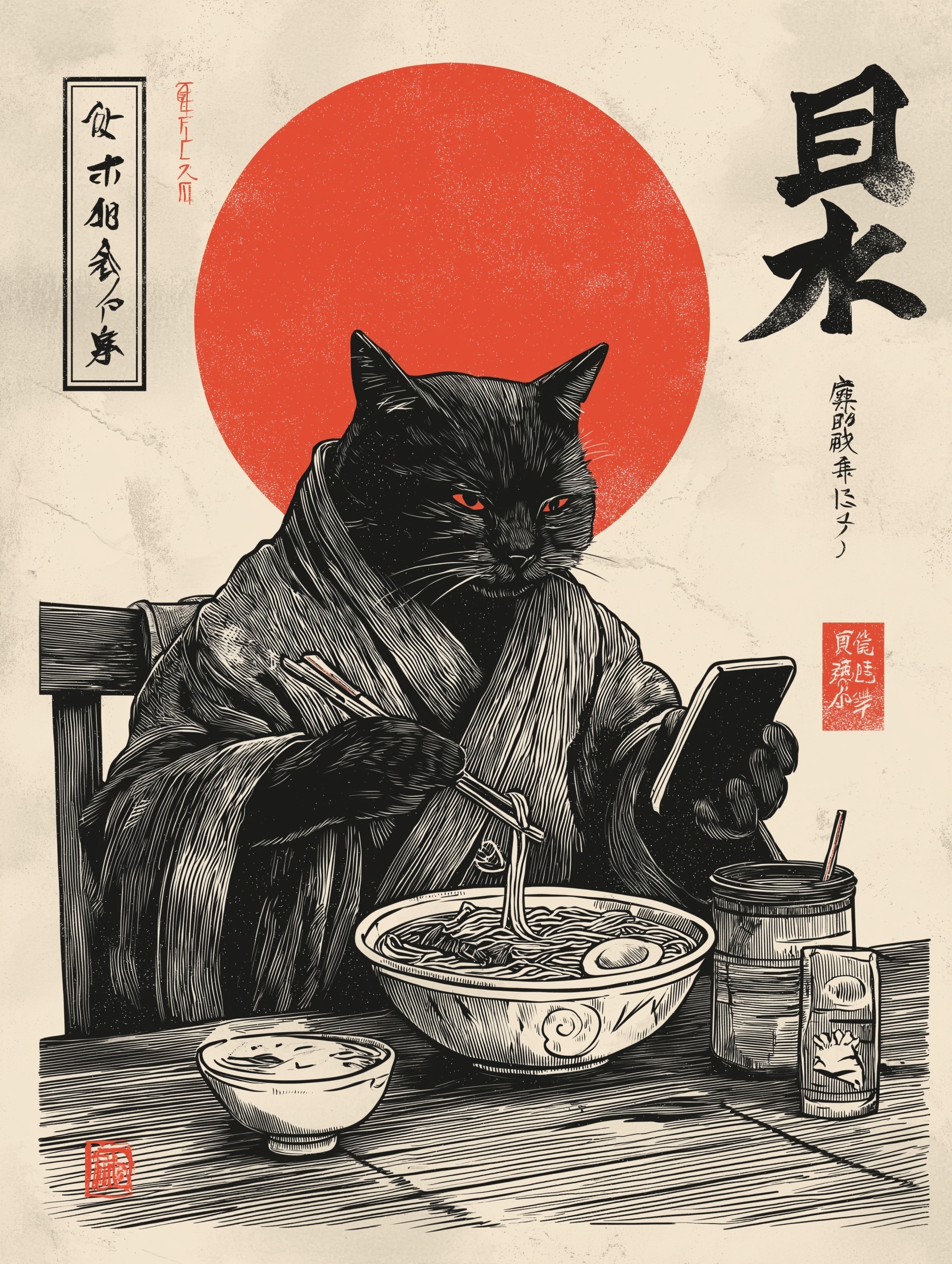 Elegant Black Cat Enjoys Ramen in Vintage Style