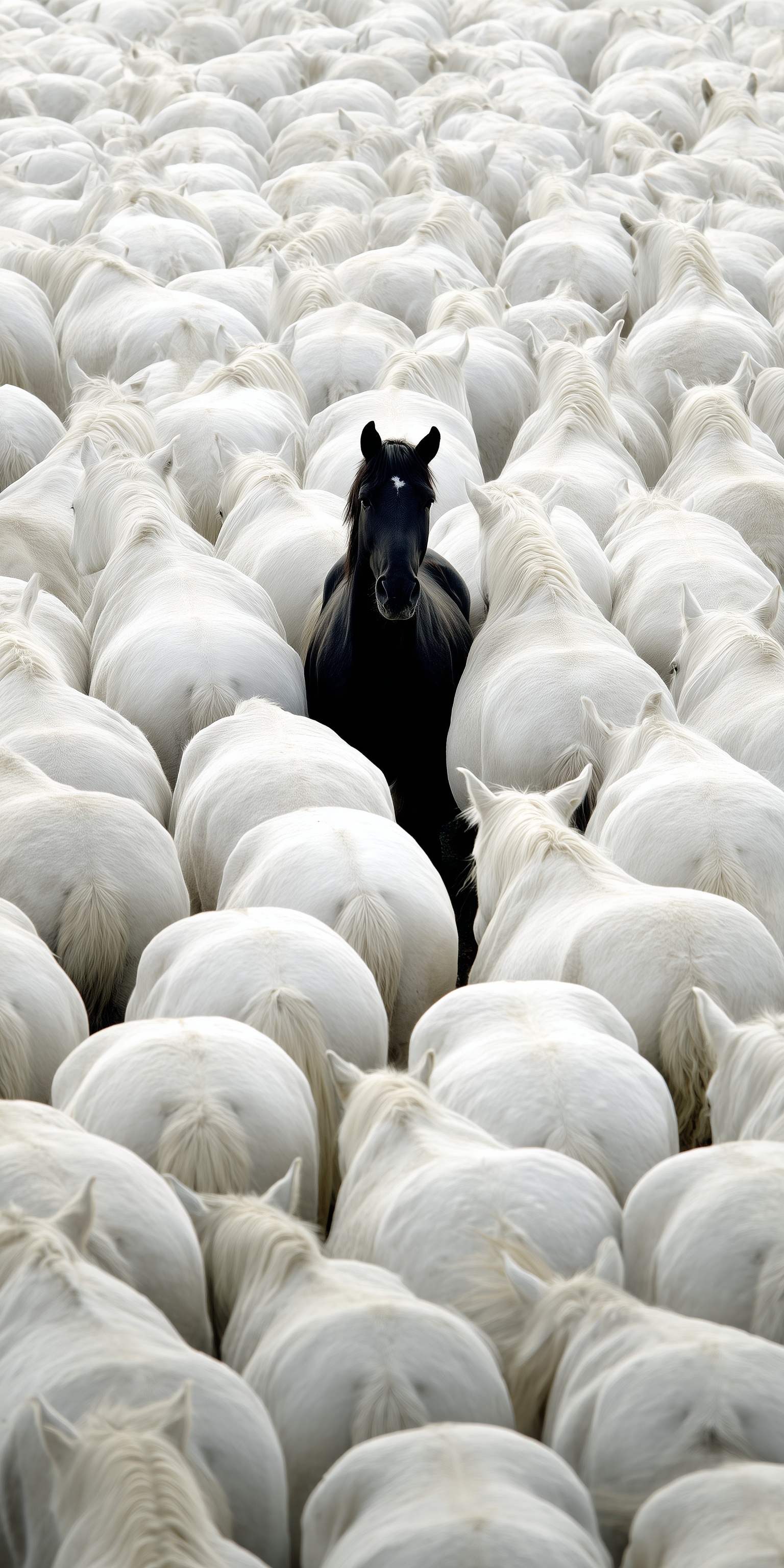 Black Horse Amongst White Herd: Captivating Photography