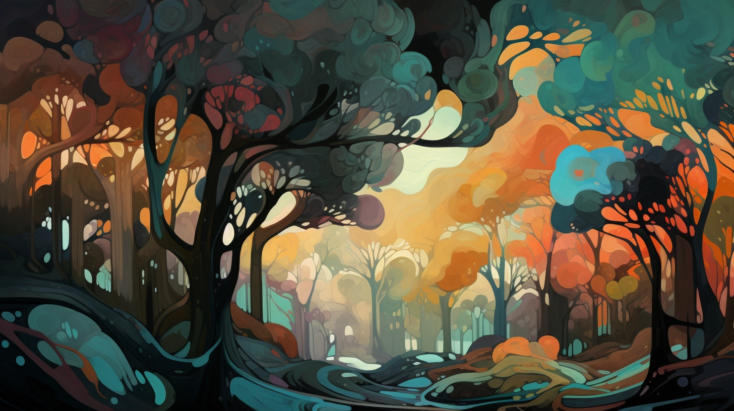 Colorful Art Nouveau Trees: Ethereal & Foreboding