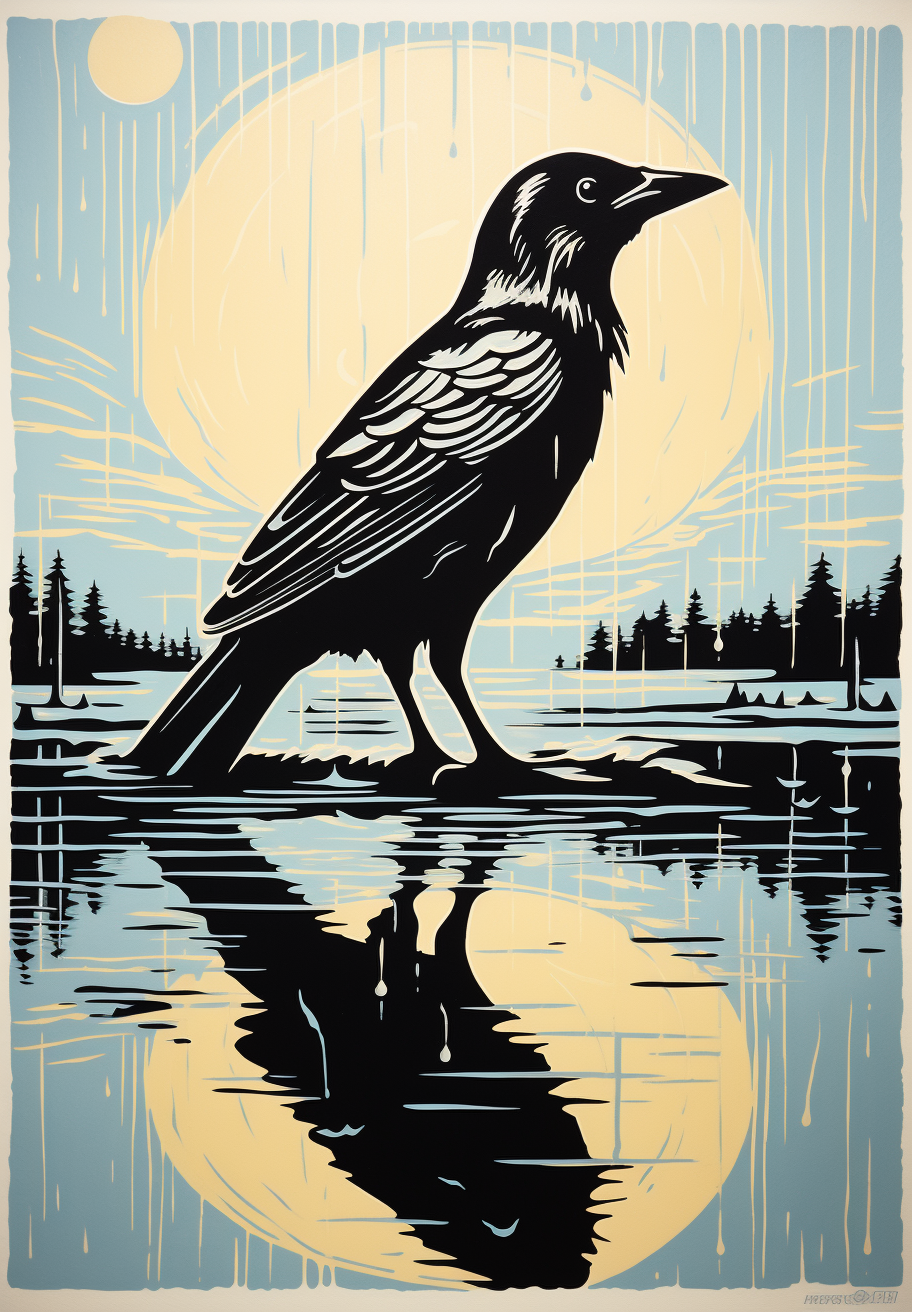 Reflective Crow: Captivating Linocut Illustration