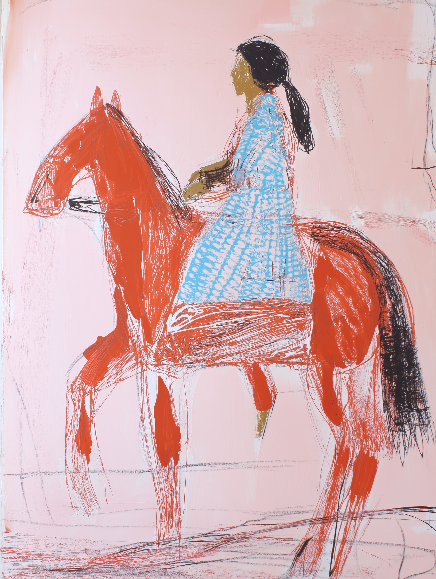 Whimsical Childlike Art: Woman on Horse