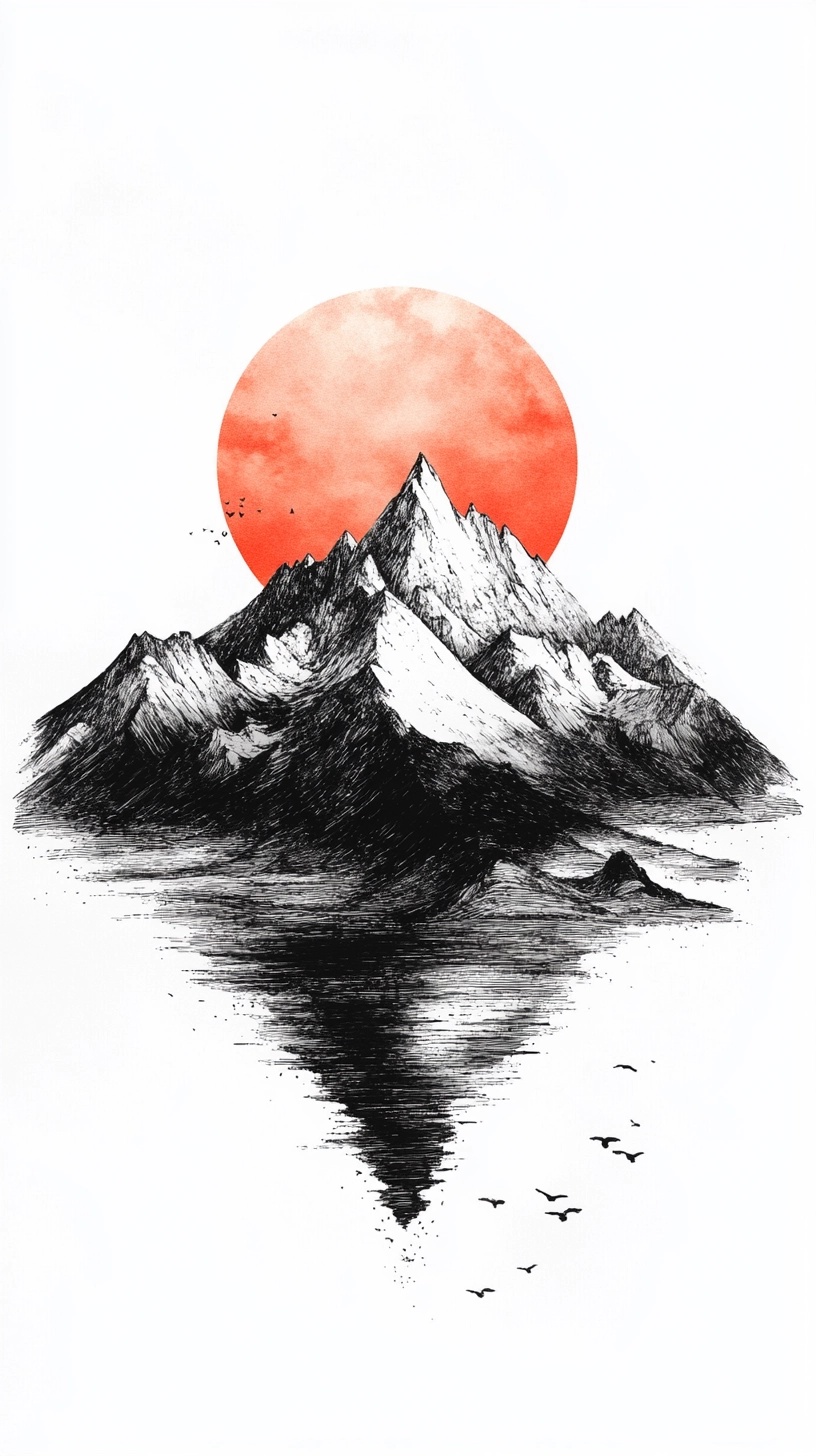 Ultra HD Sunrise Mountain Drawing on White Background