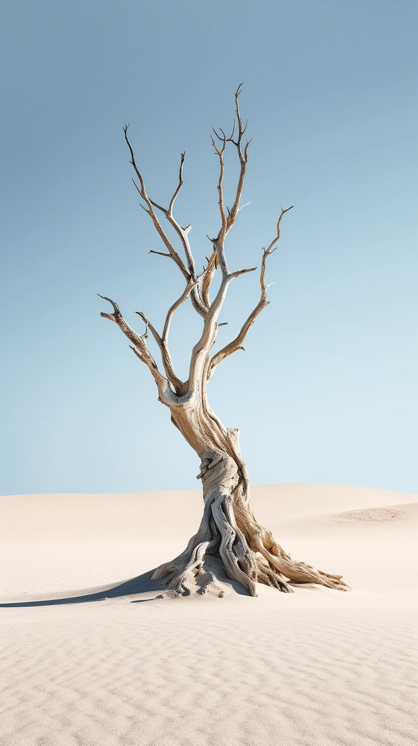 Hyper-realistic twisted driftwood on cracked desert plateau