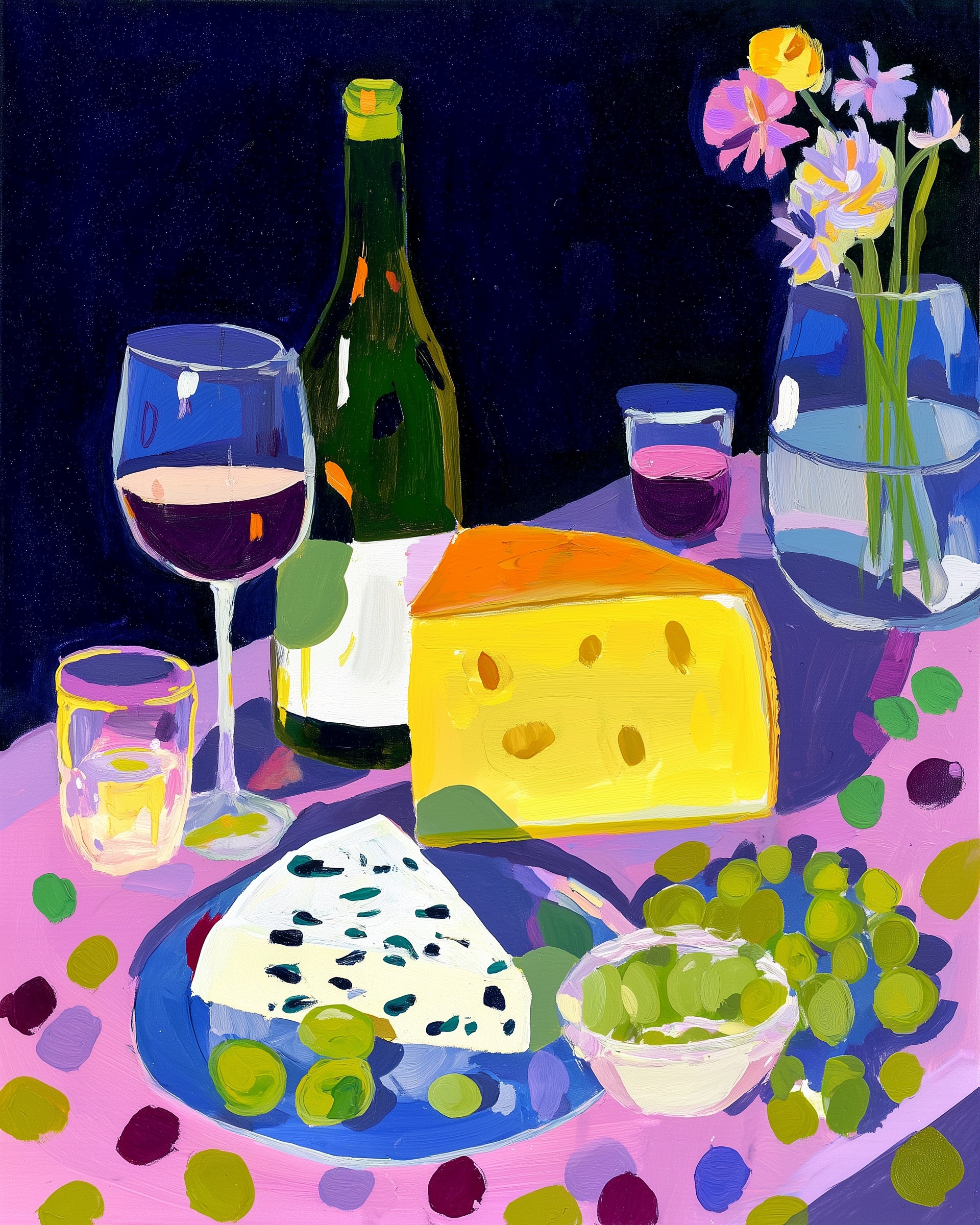 Elegant Wine and Cheese Still Life Display