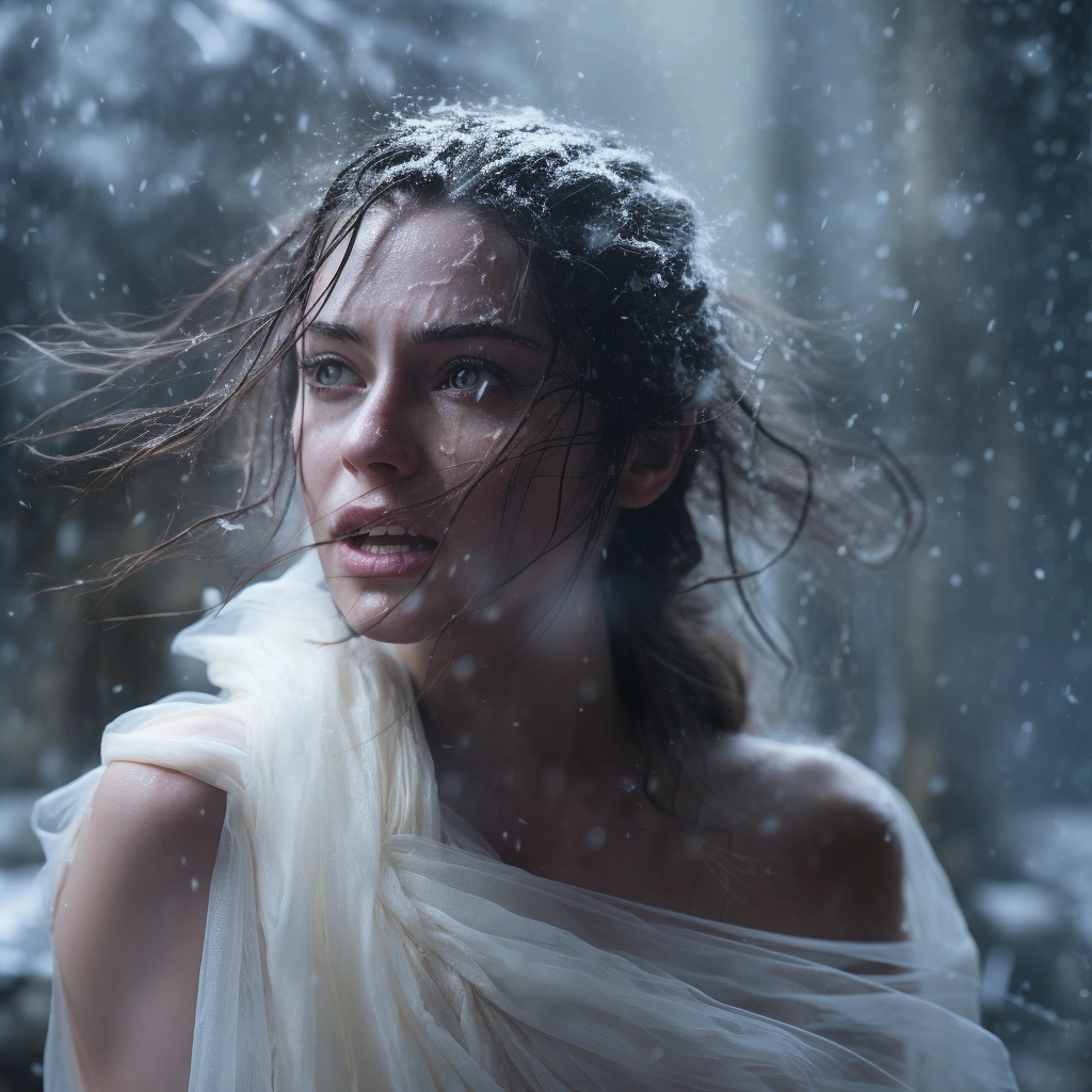 Shocking Snowstorm! Medieval Woman in White Dress Faces Gale Force Winds & Lightning in Live Action Movie Scene