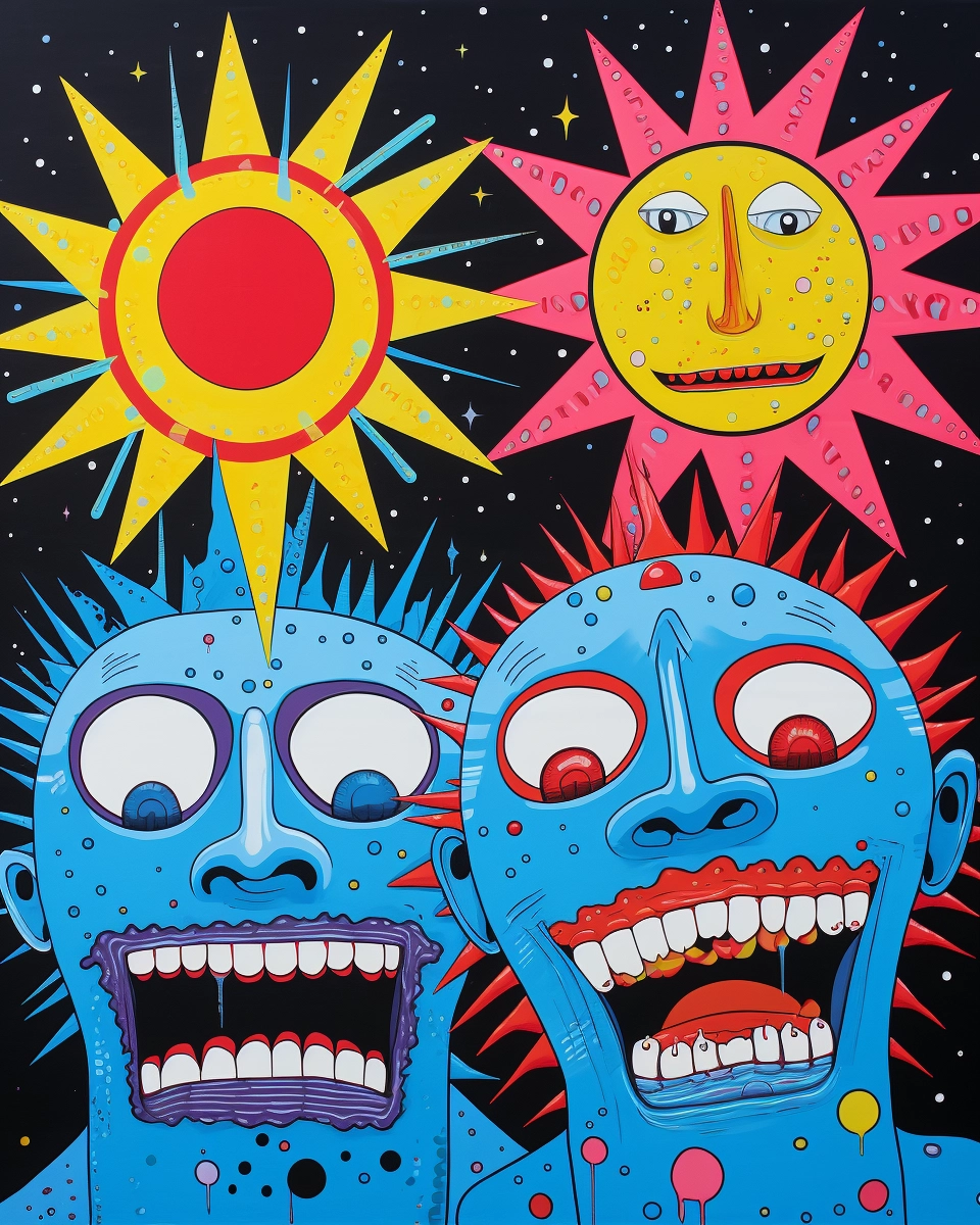 Prismatic Portraits: Angry Clown Quartet on Blue, Inspired by Michael DeForge