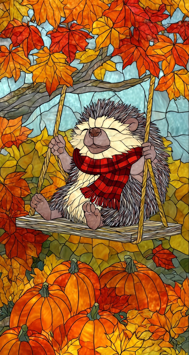 Cozy Autumn Swing: Stained Glass Hedgehog Delight
