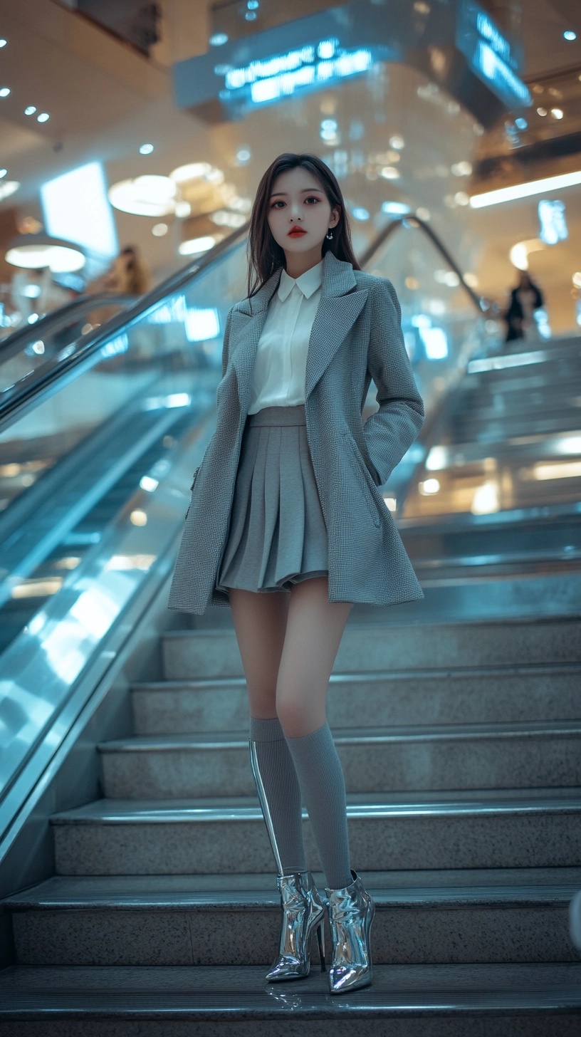 Chic Fashion Shot: Gray Elegance in Shopping Scene