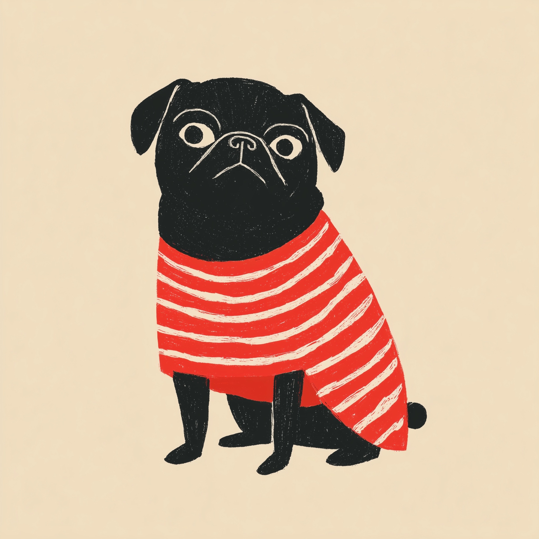 Charming Pug in Striped Dress - Risograph Print Style