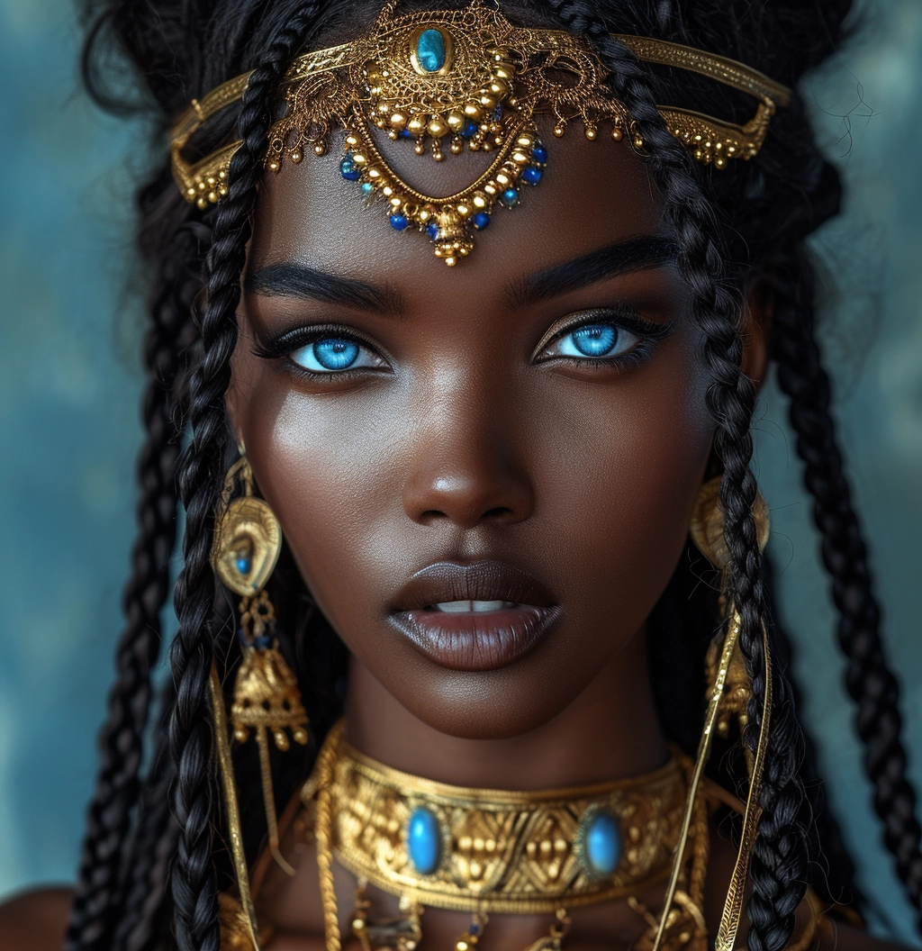 Gothic Romance: Exquisite Black Model with Braids in Gold Jewelry