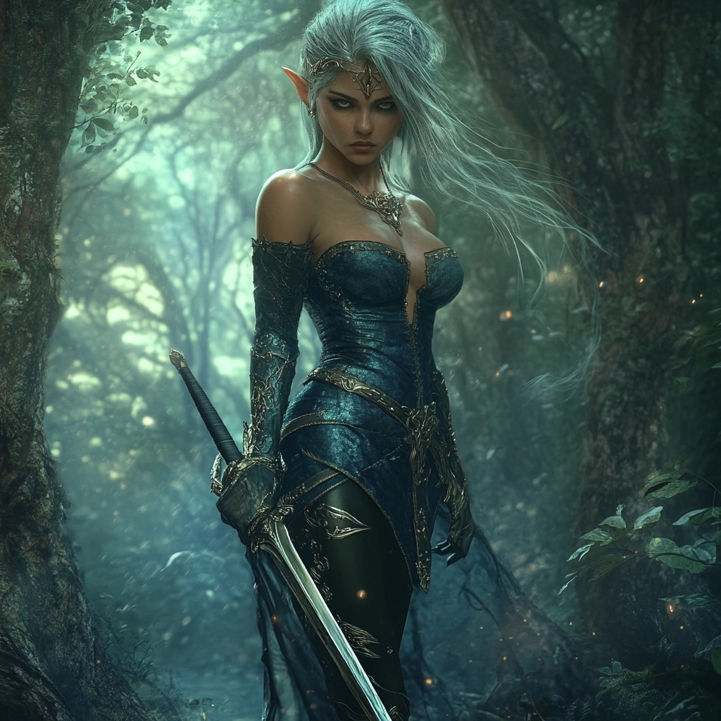 Enchanting Female Elf Warrior in Mystic Forest