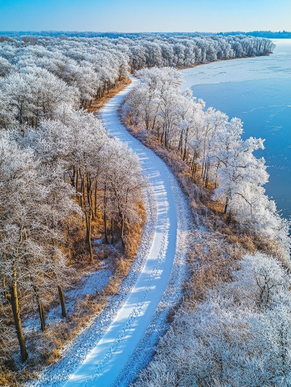 Stunning Winter Pathway: Aerial Snow-Covered Beauty