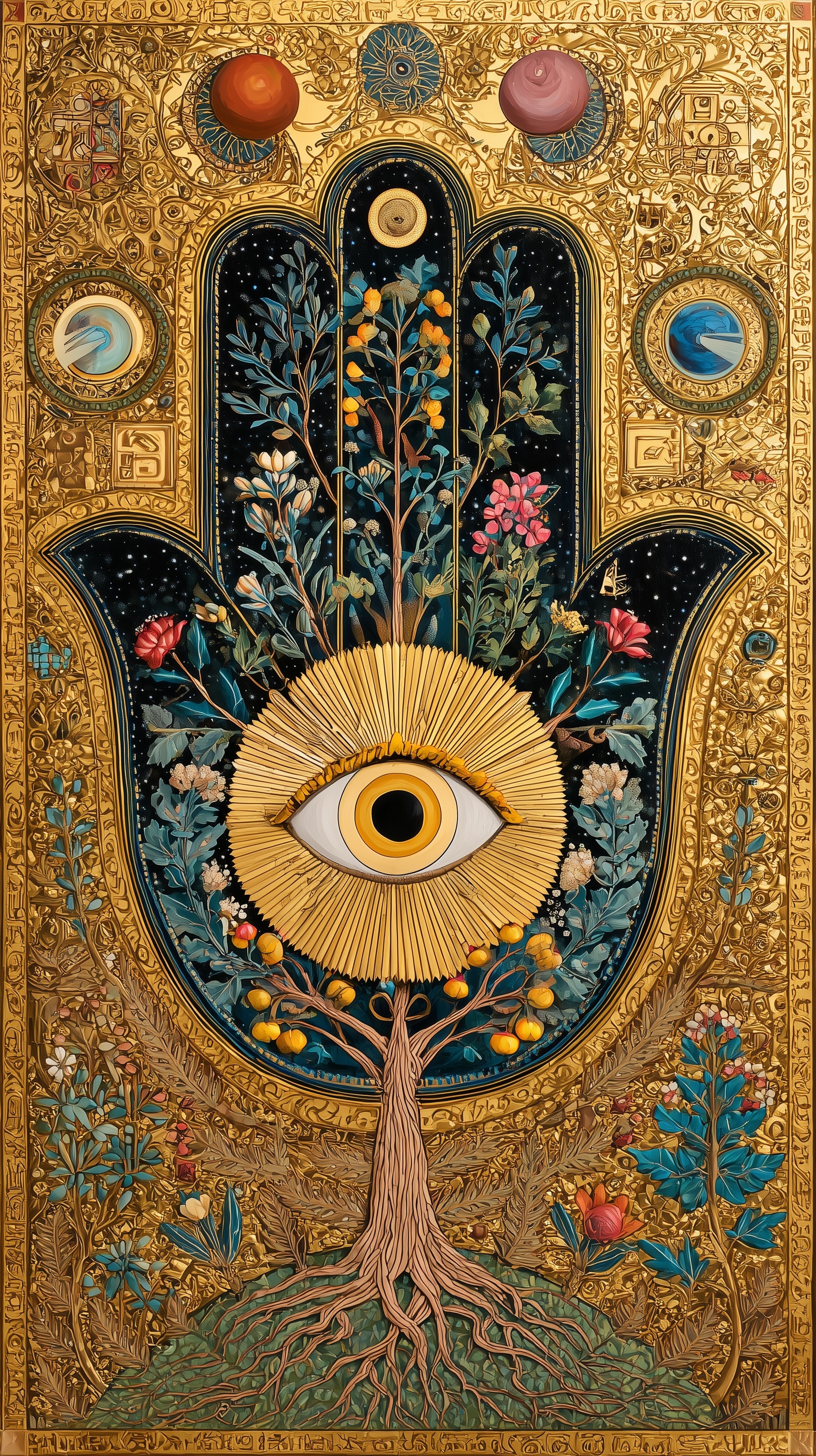 Vibrant Hamsa with Tree of Life and Cosmic Elements