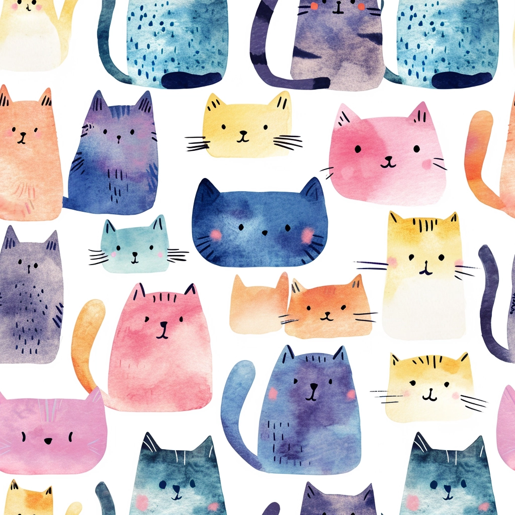 Charming Cat Pattern: Adorable Pastel Watercolor Illustration