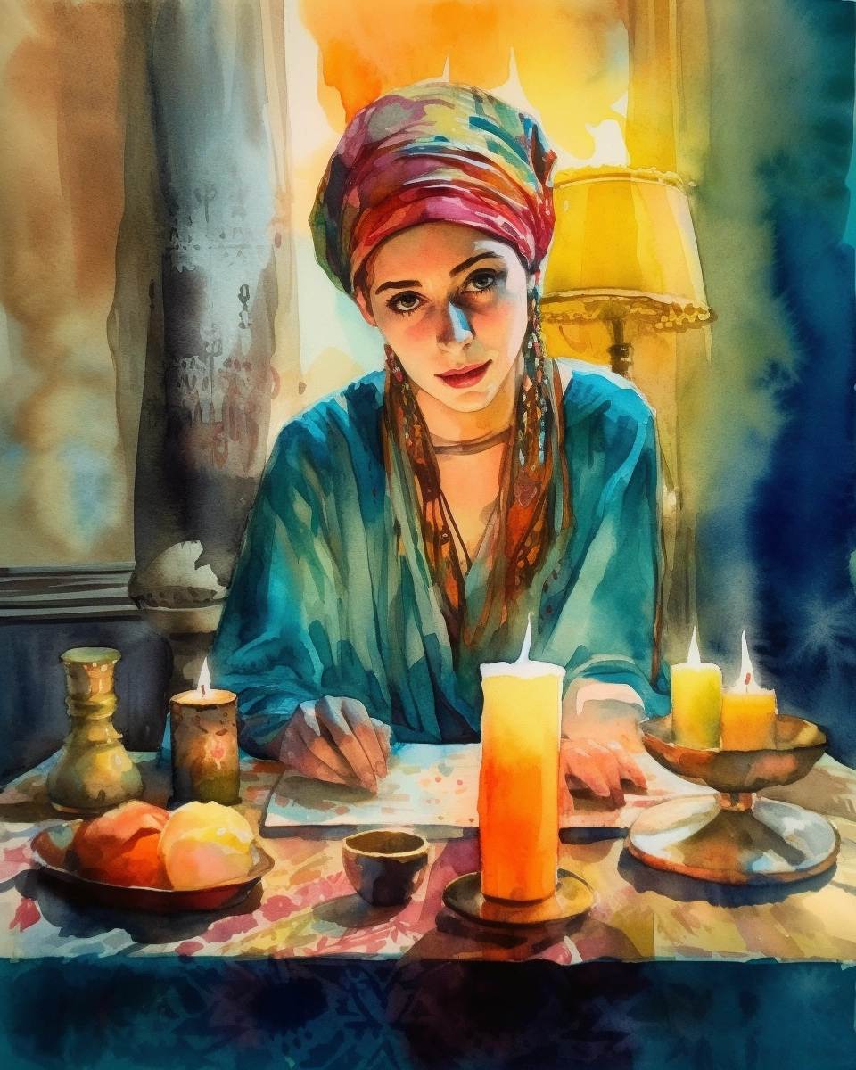 Luxury Portrait: Watercolor Woman with Tichel & Candles