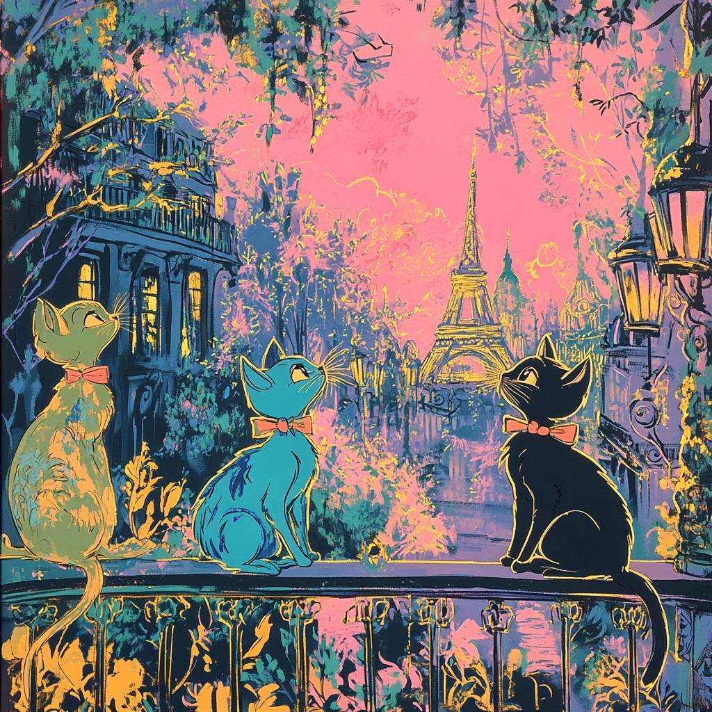 Vibrant Aristocats Art: Paris in Neon Colors