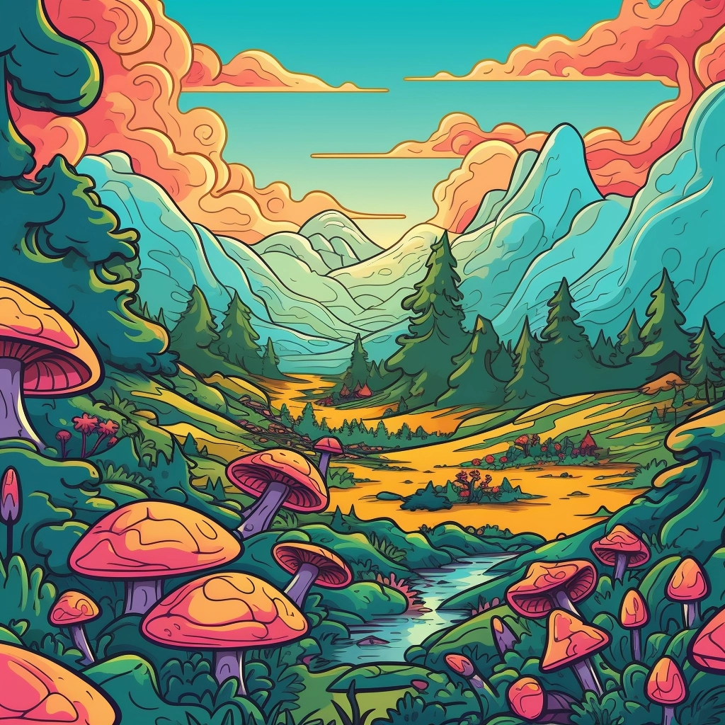 Simpsons-style Mushroom Field in Vibrant Summer Colors