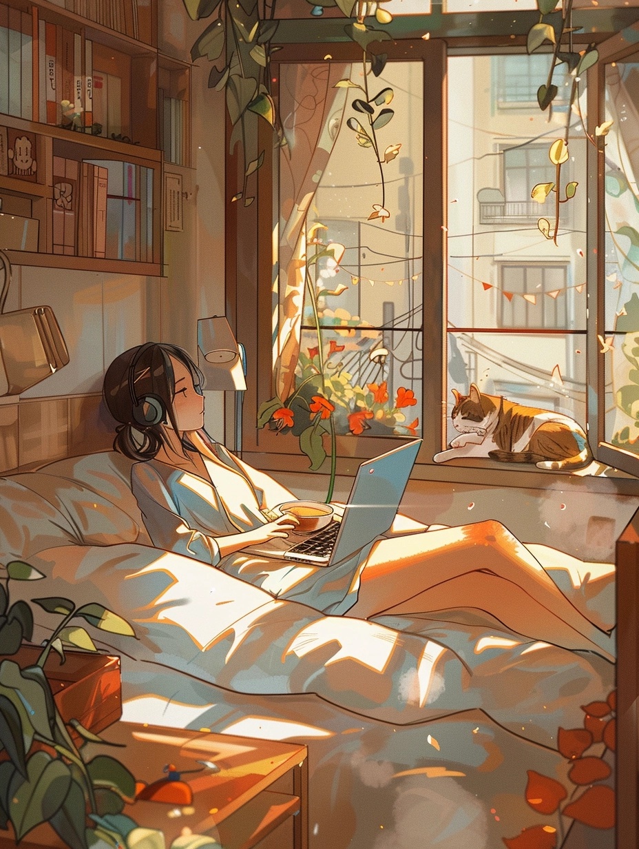 Cozy Anime Bedroom Scene with Cat, Laptop, and Flowers