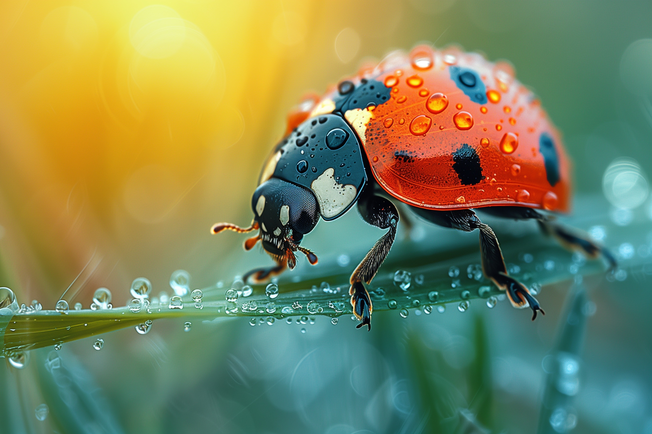 Macro Ladybug on Dewy Grass Blade in Sunlight