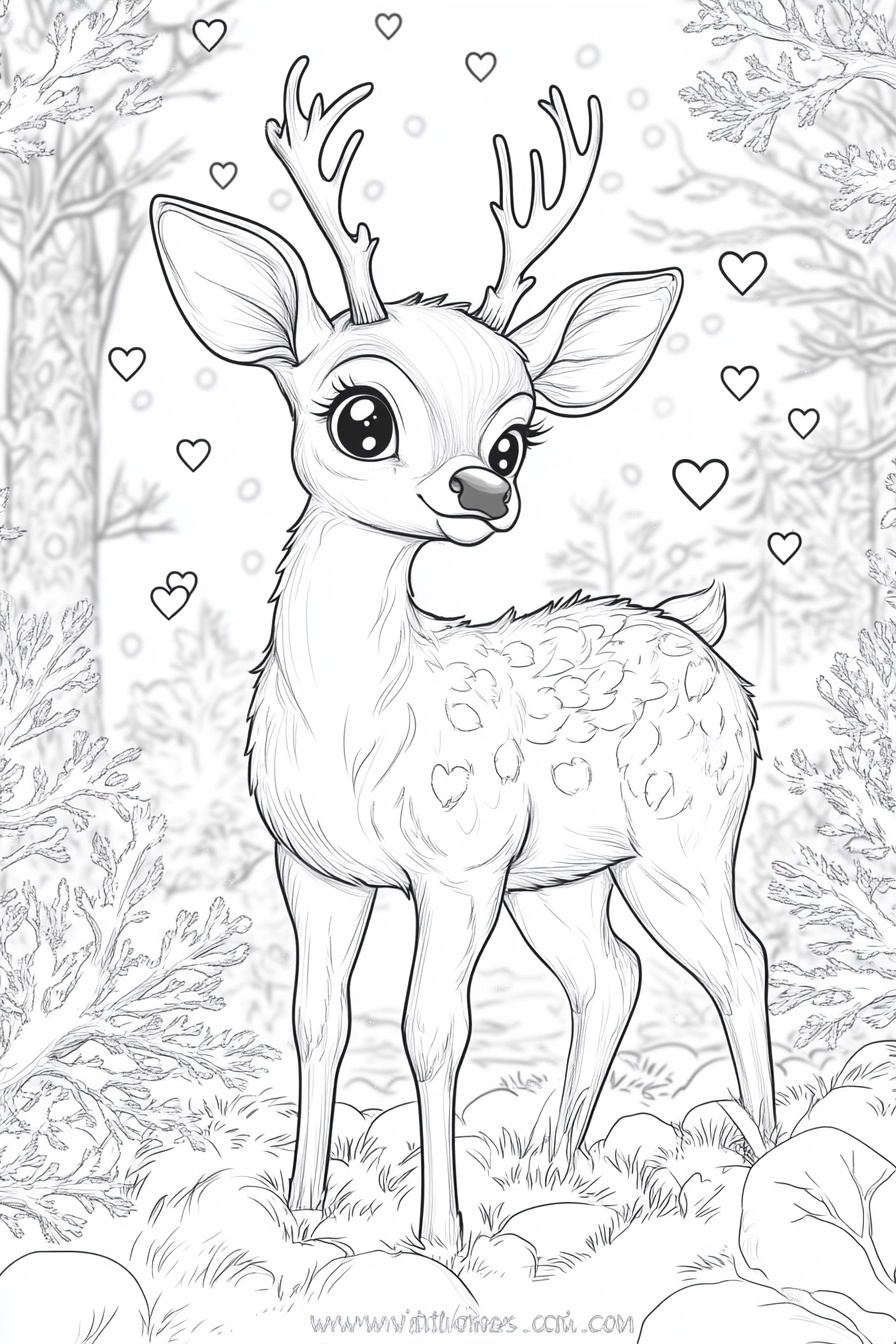 Kawaii Deer Coloring Sheet in Snowy Forest