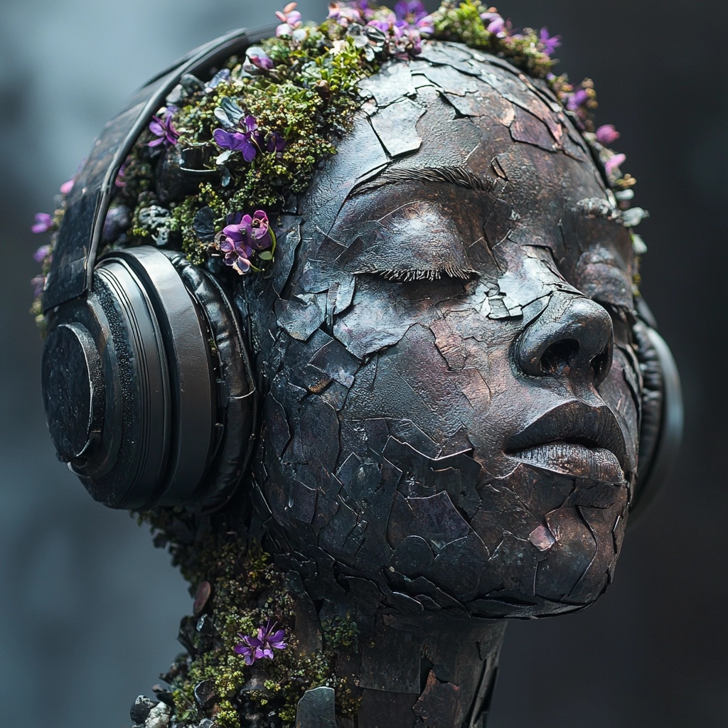 Intricate Iron Head with Floral Glass Headphones