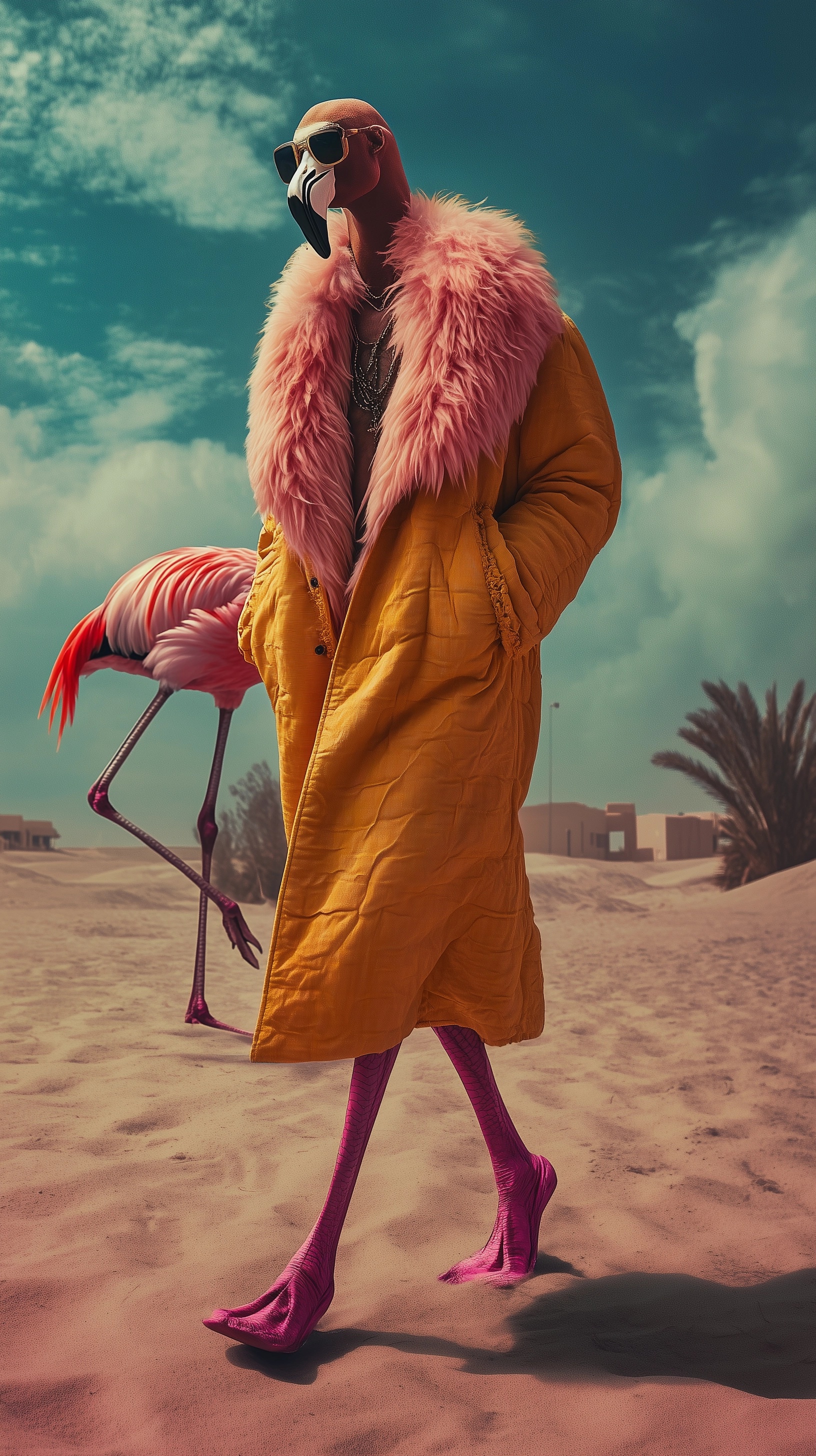 Flamingo in Desert: A Bright Yellow Adventure