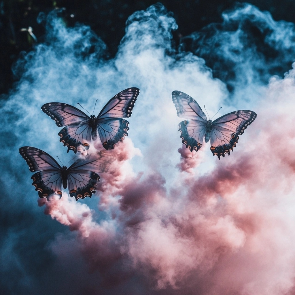 Delicate Purple Butterflies on Gray Smoke Background