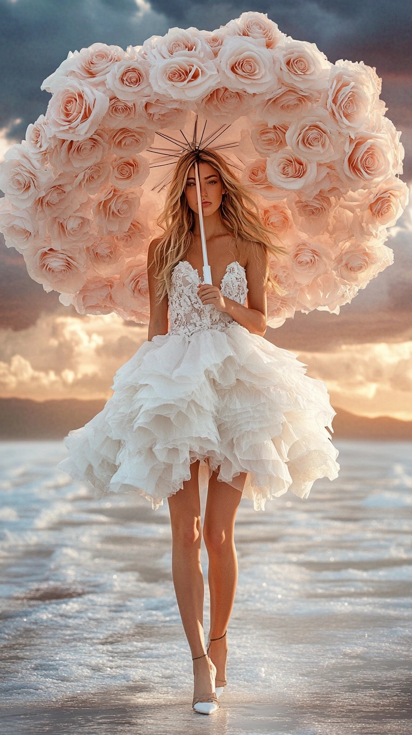 Stunning Runway Fashion: Woman with Rose Umbrella