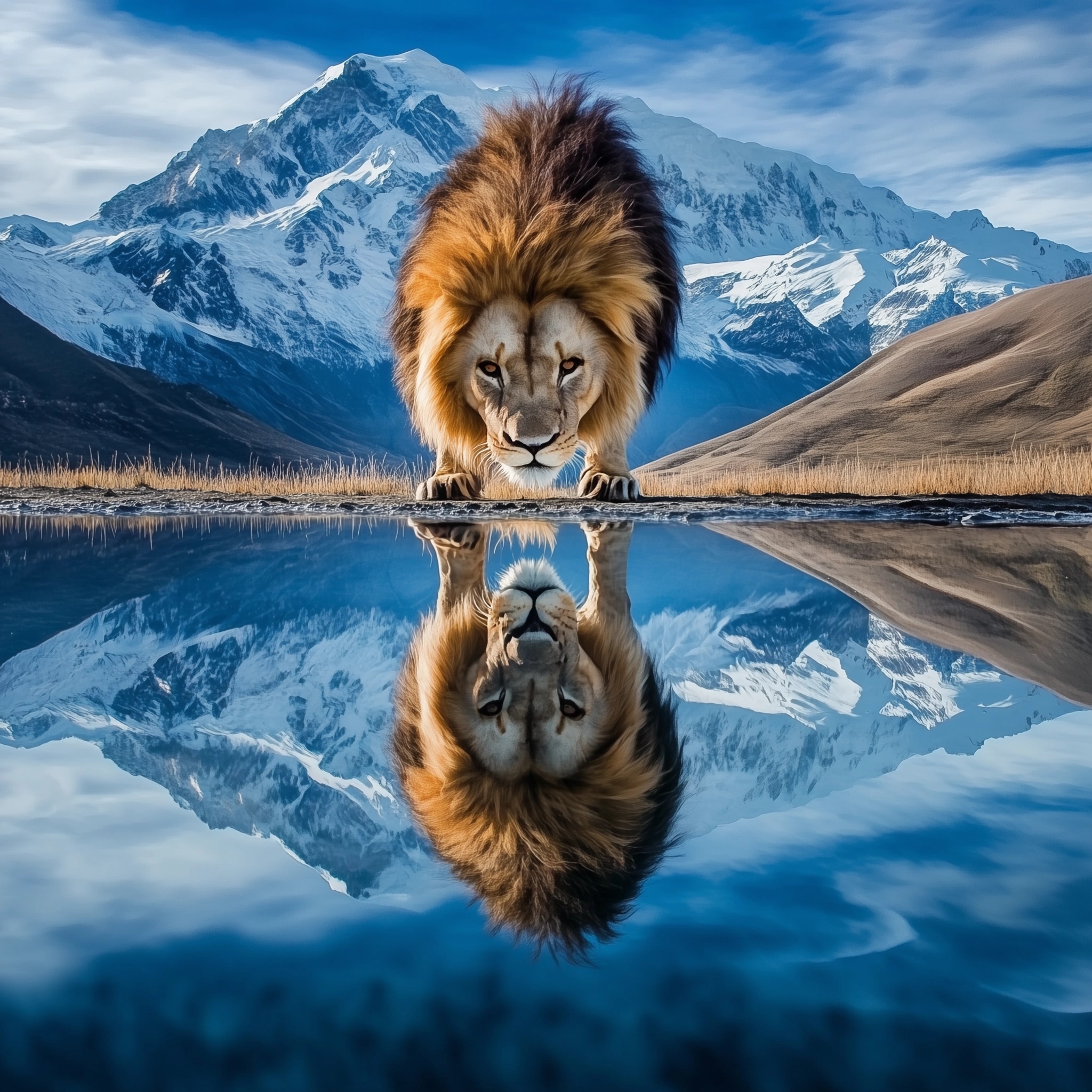 Majestic Lion's Reflection at Serene Blue Lake