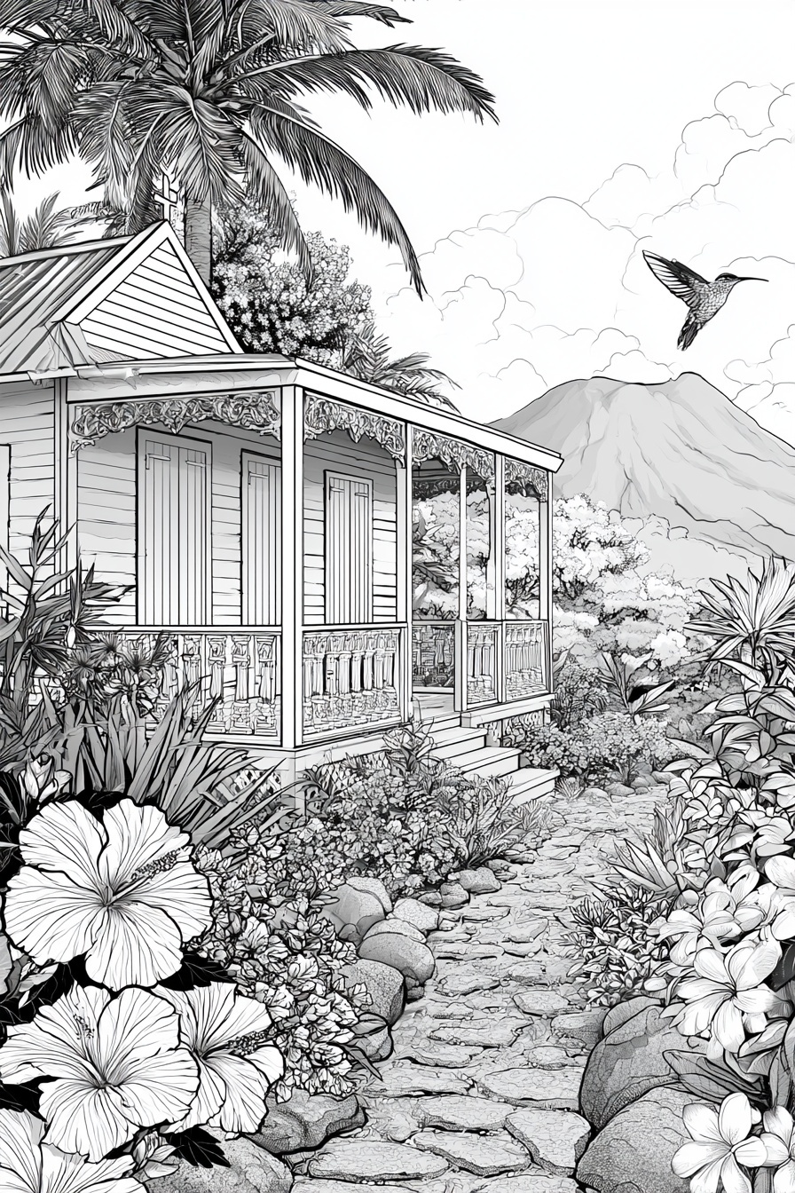 Elegant Caribbean Creole House Coloring Book Design