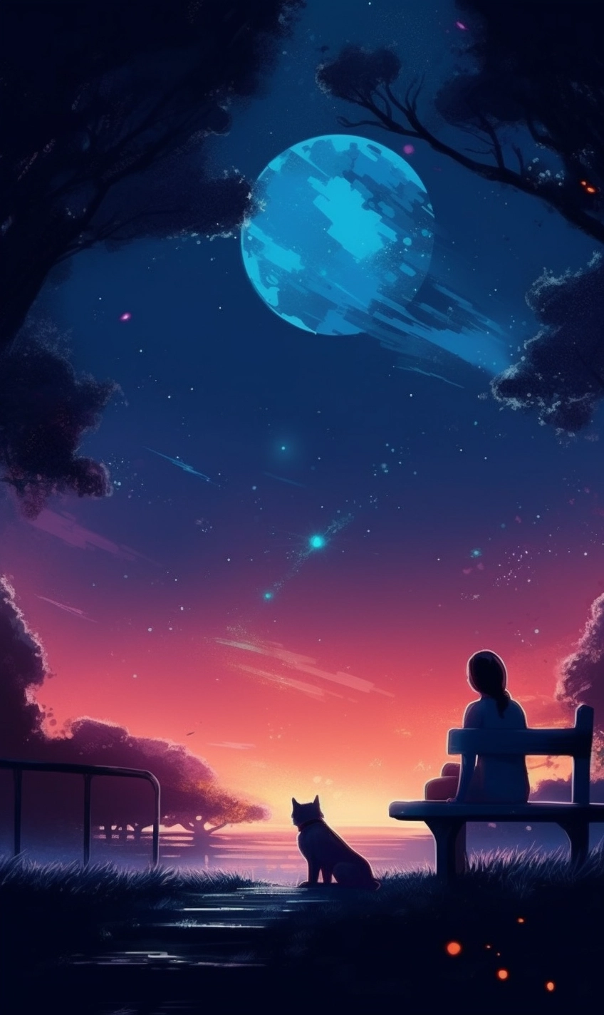 Romantic Nightscape: Woman and Dog on Bench