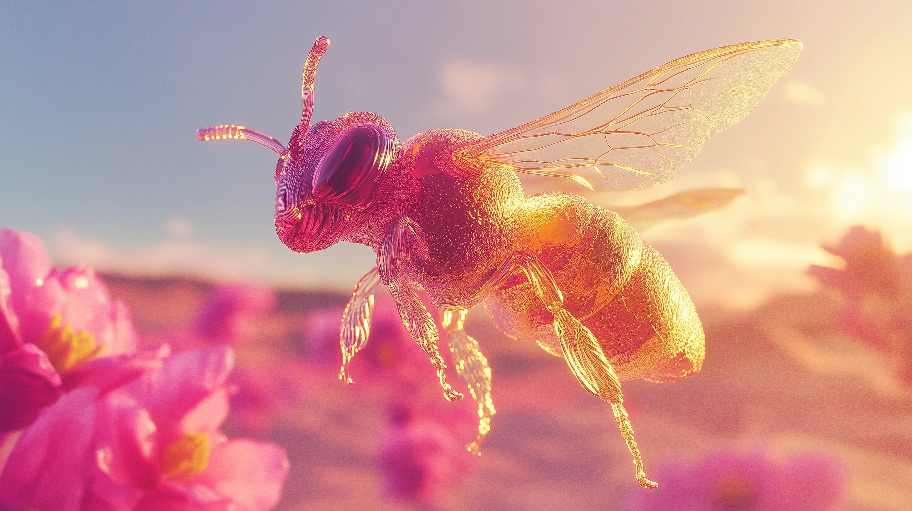 Surreal Glass Bee in Pink Desert Landscape