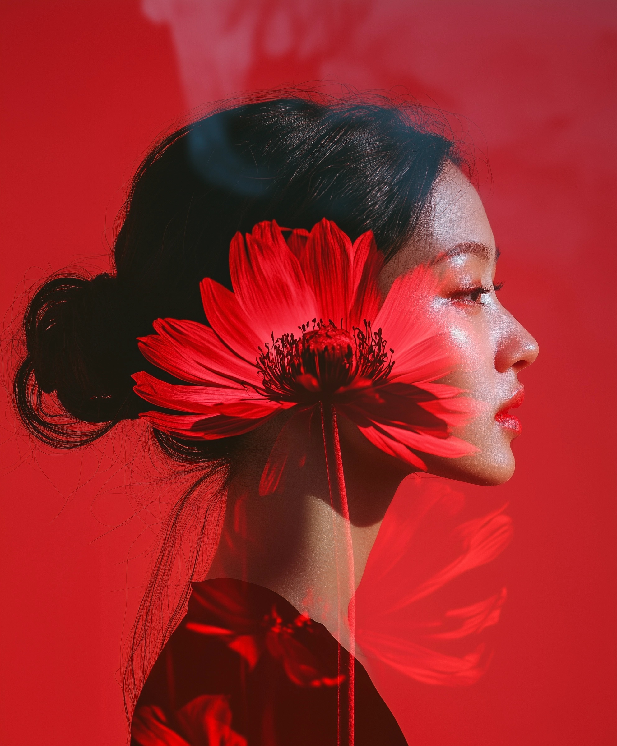 Artistic Double Exposure: Woman & Dahlia Flower