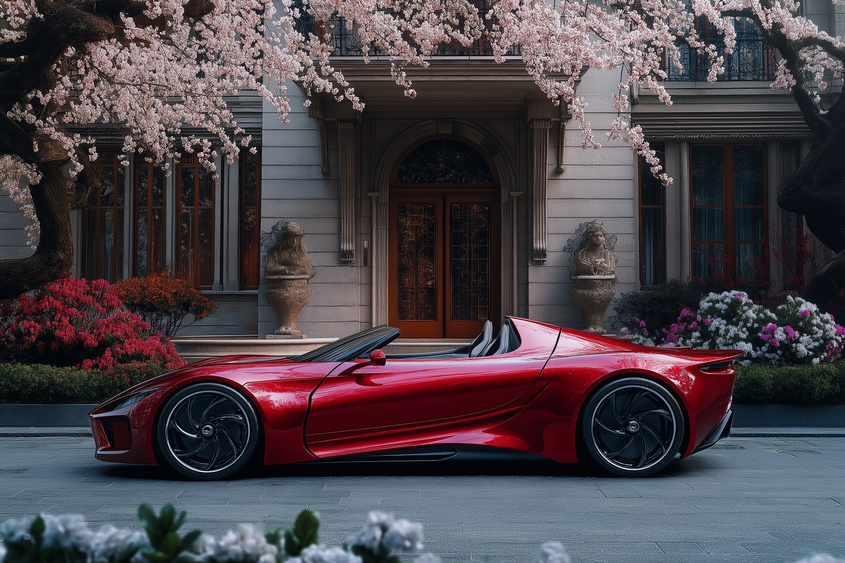 Elegant Red Convertible Hypercar by Victorian Mansion