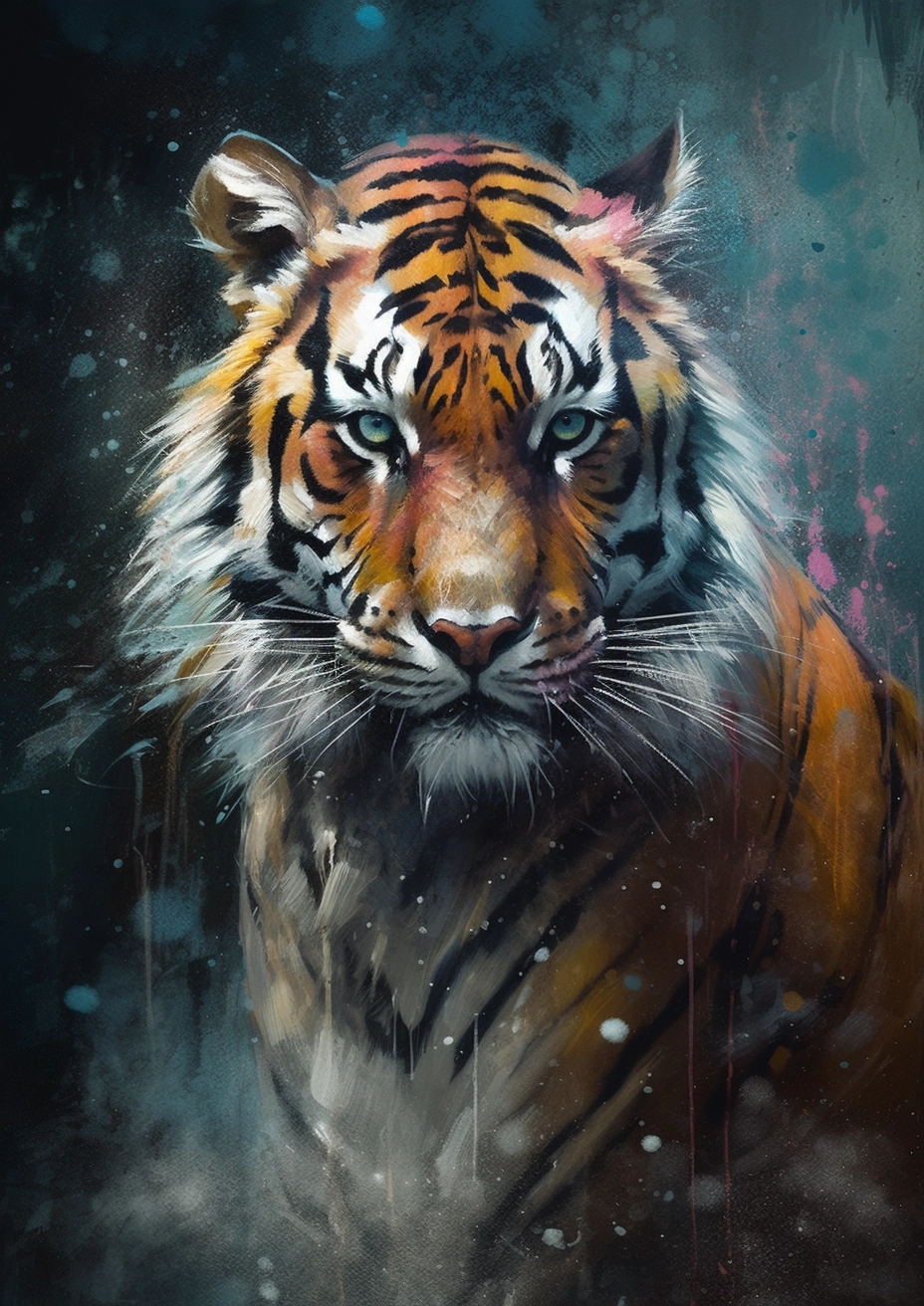 Vibrant Tiger Portrait: Grayscale with Color Splashes