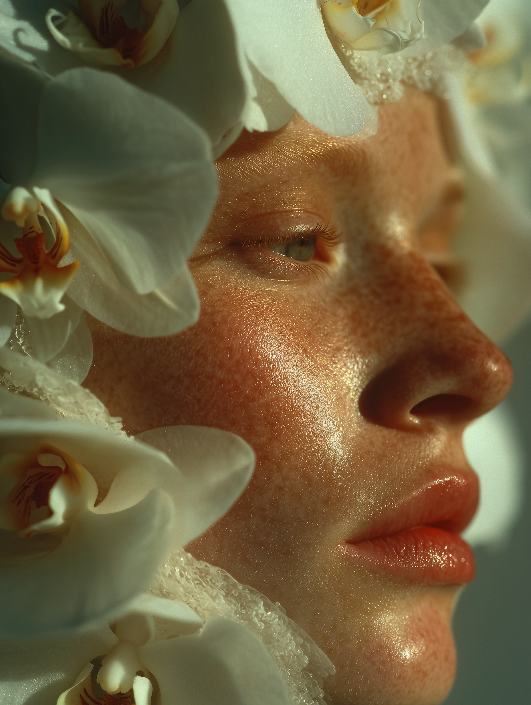 Elegant Slavic Beauty with Orchids Portrait