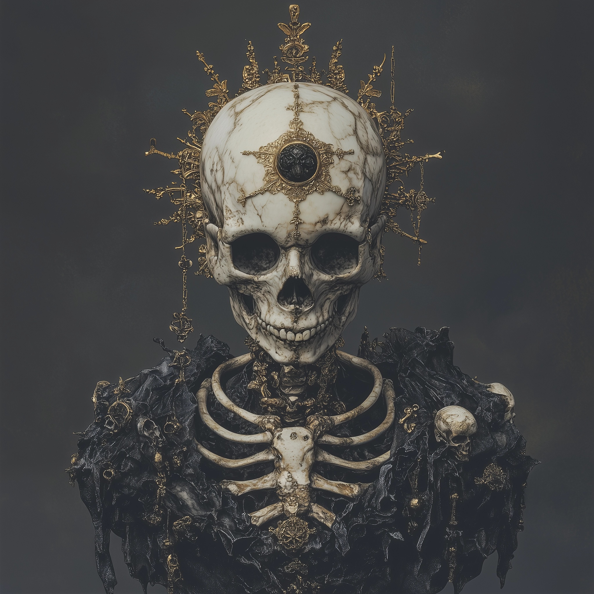 Gothic 3D Skeleton Art: Gold & Ebony Elegance