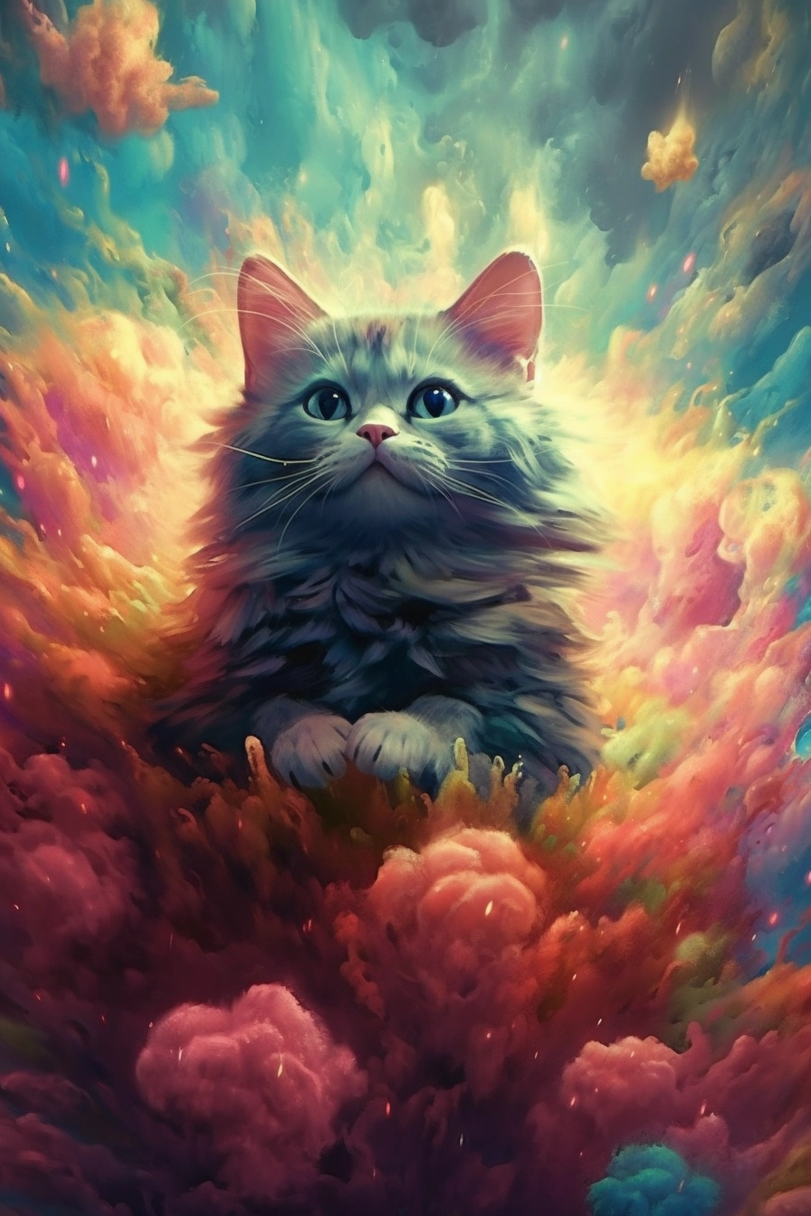 Fluffy Kitten in Space: Neon Watercolor Painting